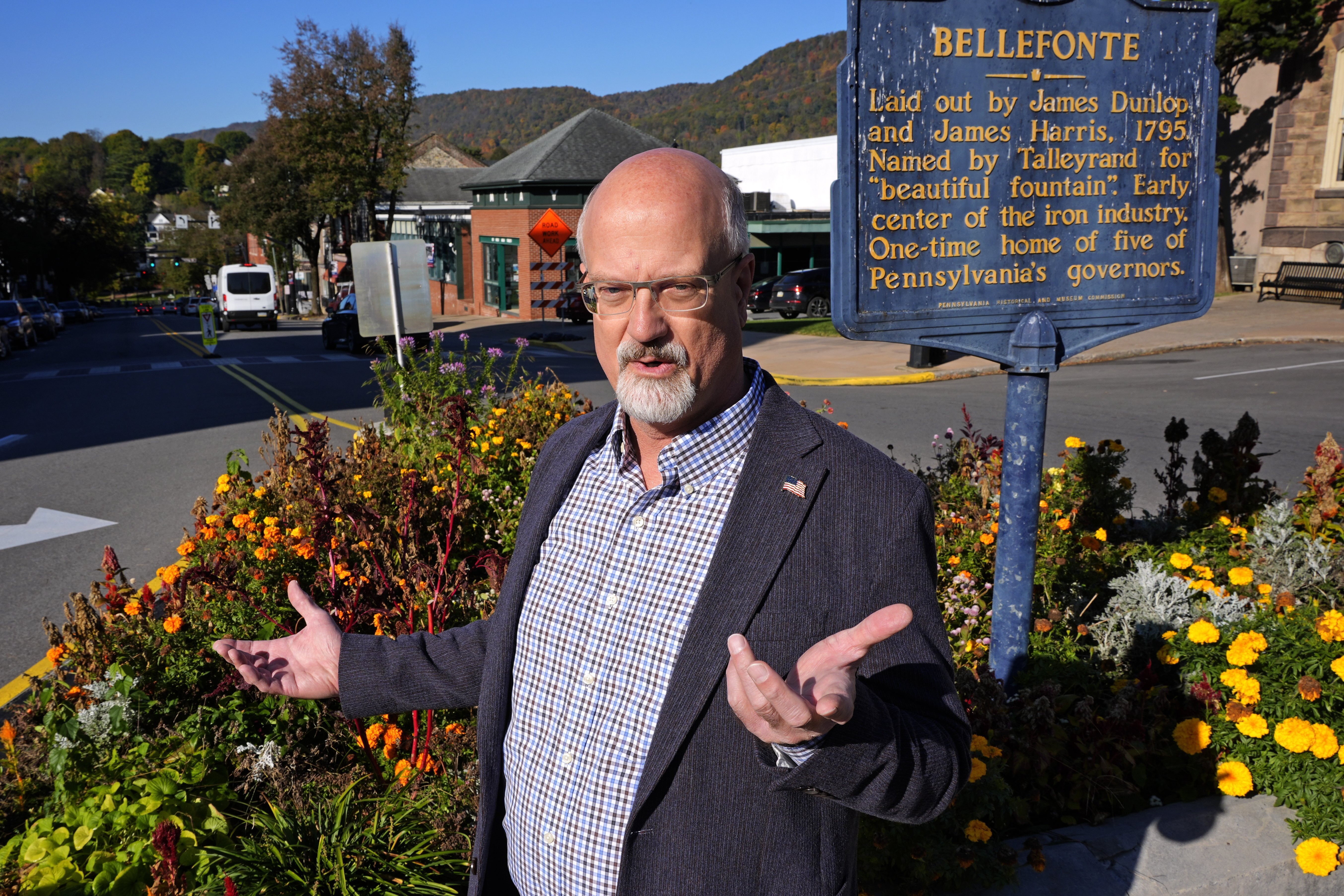 Centre County Commissioner Mark Higgins stands in downtown Bellefonte, Pa., Friday, Oct. 18, 2024. (AP Photo/Gene J. Puskar)