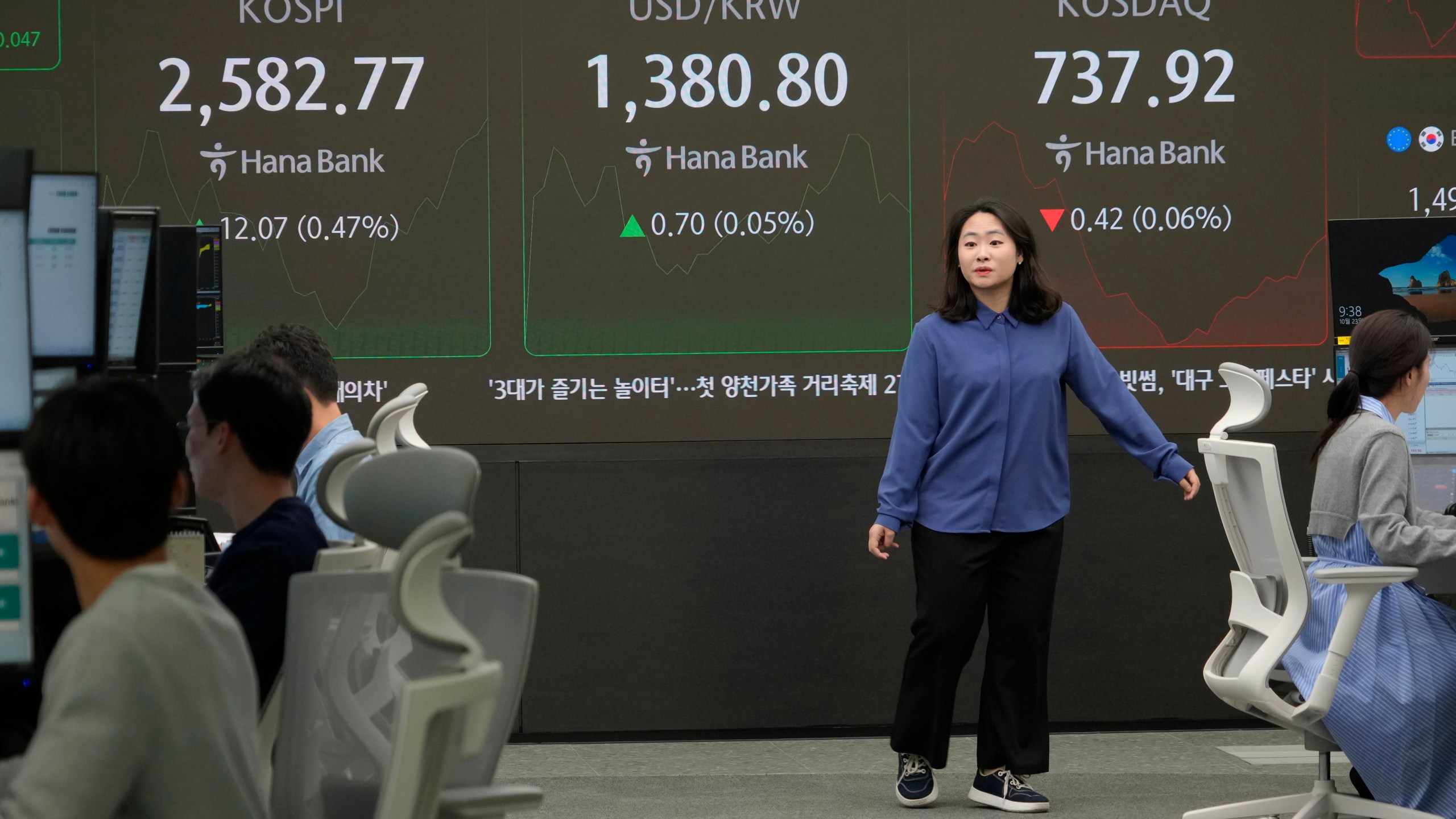 A currency trader works near a screen showing the Korea Composite Stock Price Index (KOSPI), left, and the foreign exchange rate between U.S. dollar and South Korean won, center, at the foreign exchange dealing room of the KEB Hana Bank headquarters in Seoul, South Korea, Wednesday, Oct. 23, 2024. (AP Photo/Ahn Young-joon)