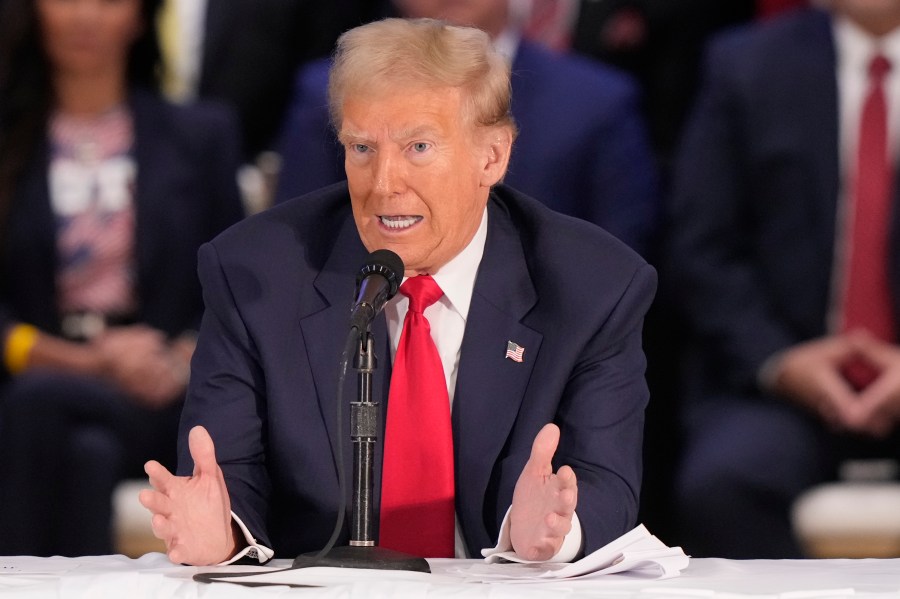 Republican presidential nominee former President Donald Trump participates in a roundtable with Latino leaders Tuesday, Oct. 22, 2024, in Doral, Fla. (AP Photo/Lynne Sladky)