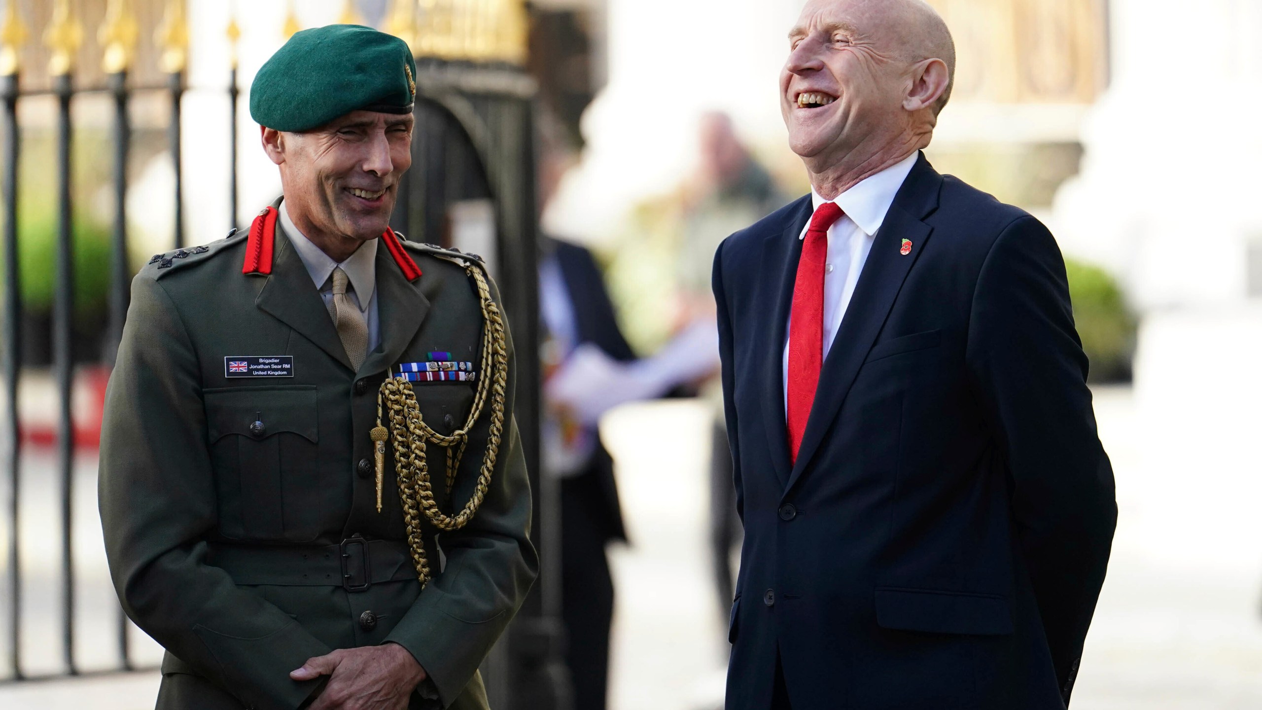 Defence Secretary John Healey speaks to Brigadier Jonathan Sear before his German counterpart Boris Pistorius arrives to sign a new UK-Germany Defence Agreement at Trinity House in London, Wednesday Oct. 23, 2024. (Jordan Pettitt/PA via AP)