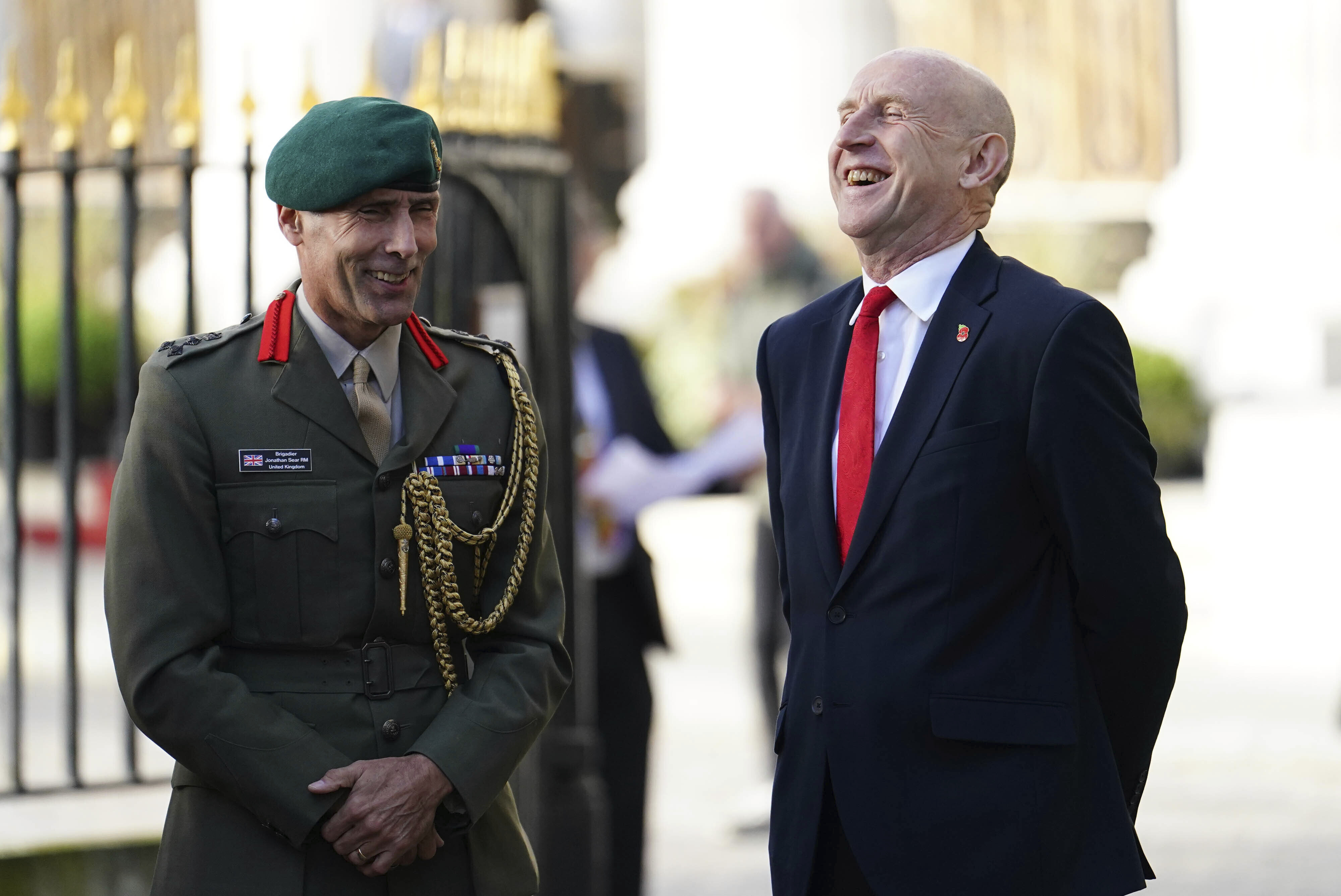 Defence Secretary John Healey speaks to Brigadier Jonathan Sear before his German counterpart Boris Pistorius arrives to sign a new UK-Germany Defence Agreement at Trinity House in London, Wednesday Oct. 23, 2024. (Jordan Pettitt/PA via AP)