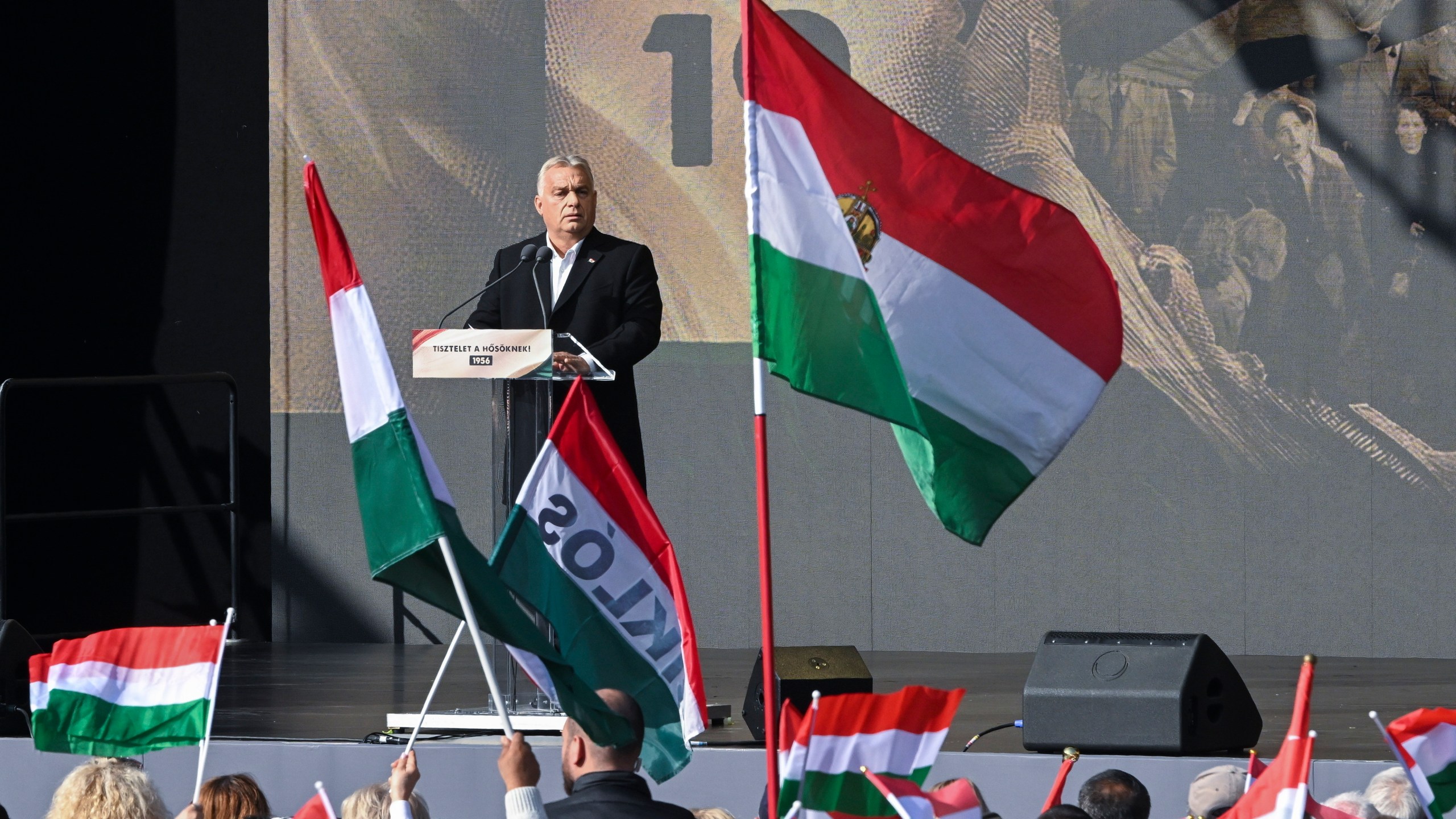 Hungarian Prime Minister Viktor Orban speaks during the meating to mark the 68th anniversary of the 1956 Hungarian revolution, at the Millenaris Park, in Budapest, Hungary, Wednesday, Oct. 23, 2024. (Szilard Koszticsak/MTI via AP)