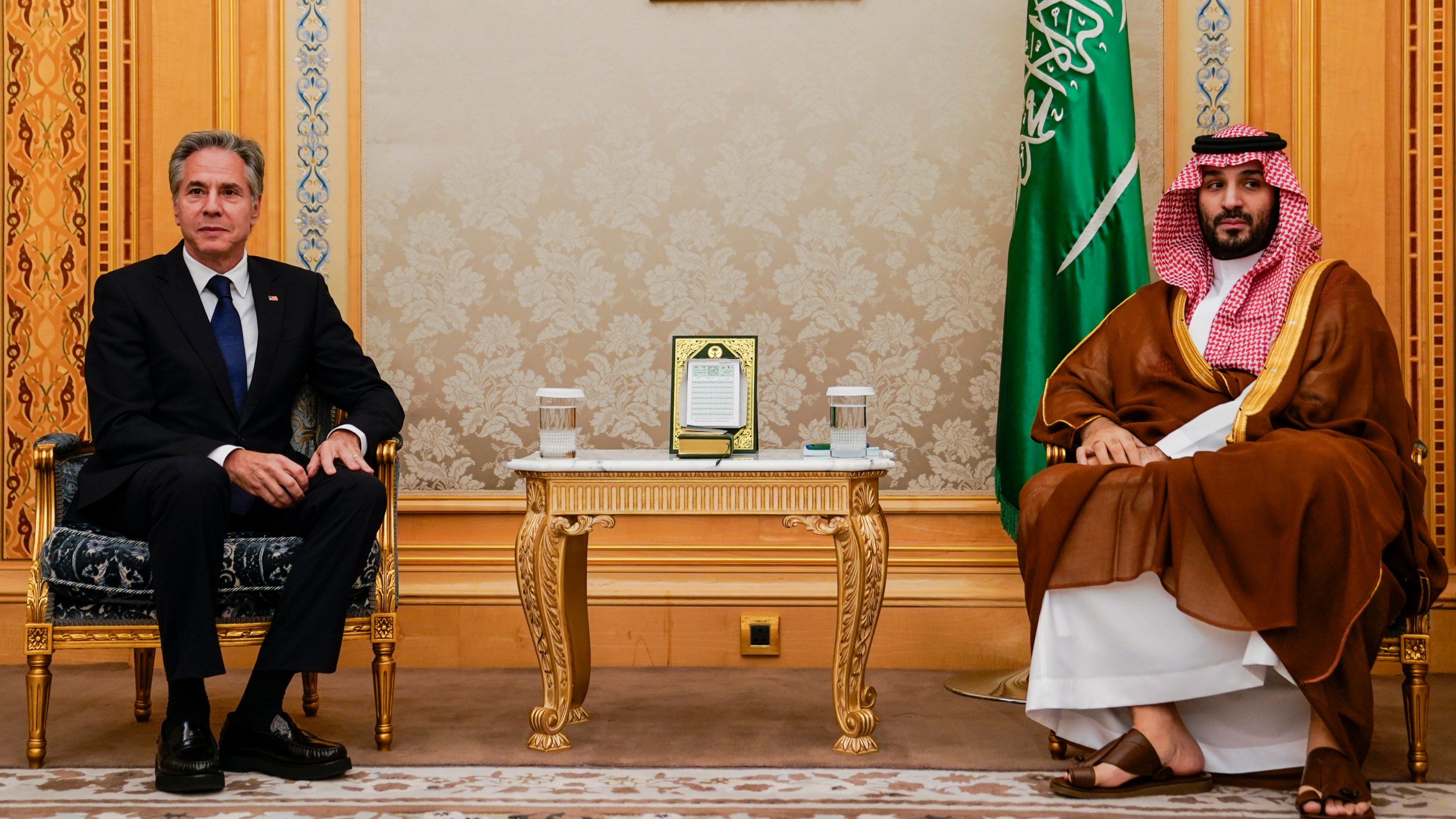 U.S. Secretary of State Antony Blinken, left, meets Saudi Crown Prince Mohammed bin Salman in Riyadh, Saudi Arabia, Wednesday Oct. 23, 2024. (Nathan Howard/Pool via AP)