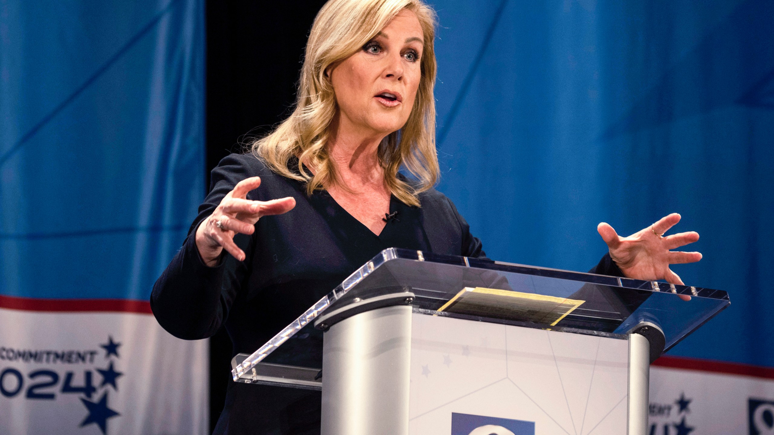 FILE - Janelle Stelson, a candidate for the Democratic nomination in Pennsylvania's 10th Congressional District, speaks during a debate, April 9, 2024, in York, Pa. (AP Photo/Joe Lamberti, File)