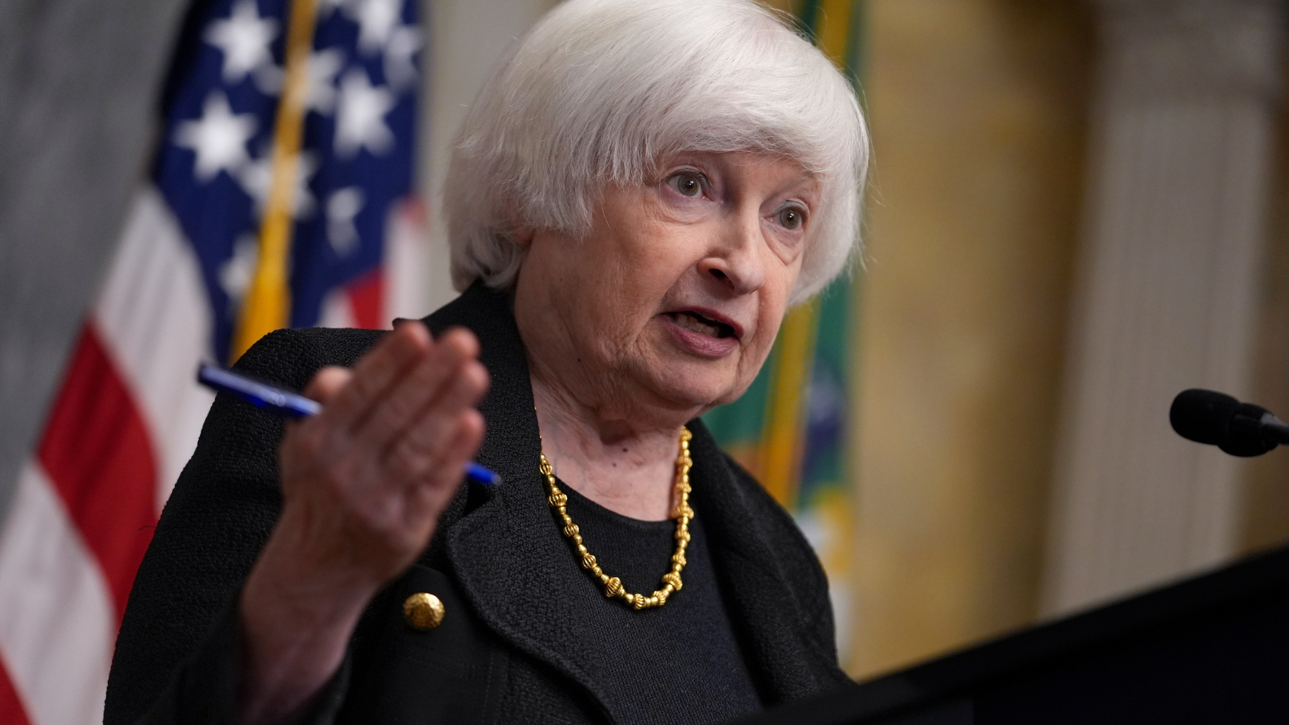 Secretary of the Treasury Janet Yellen outlines her key priorities for the annual meetings of the International Monetary Fund, during a news conference at the Treasury Department in Washington, Tuesday, Oct. 22, 2024. (AP Photo/J. Scott Applewhite)