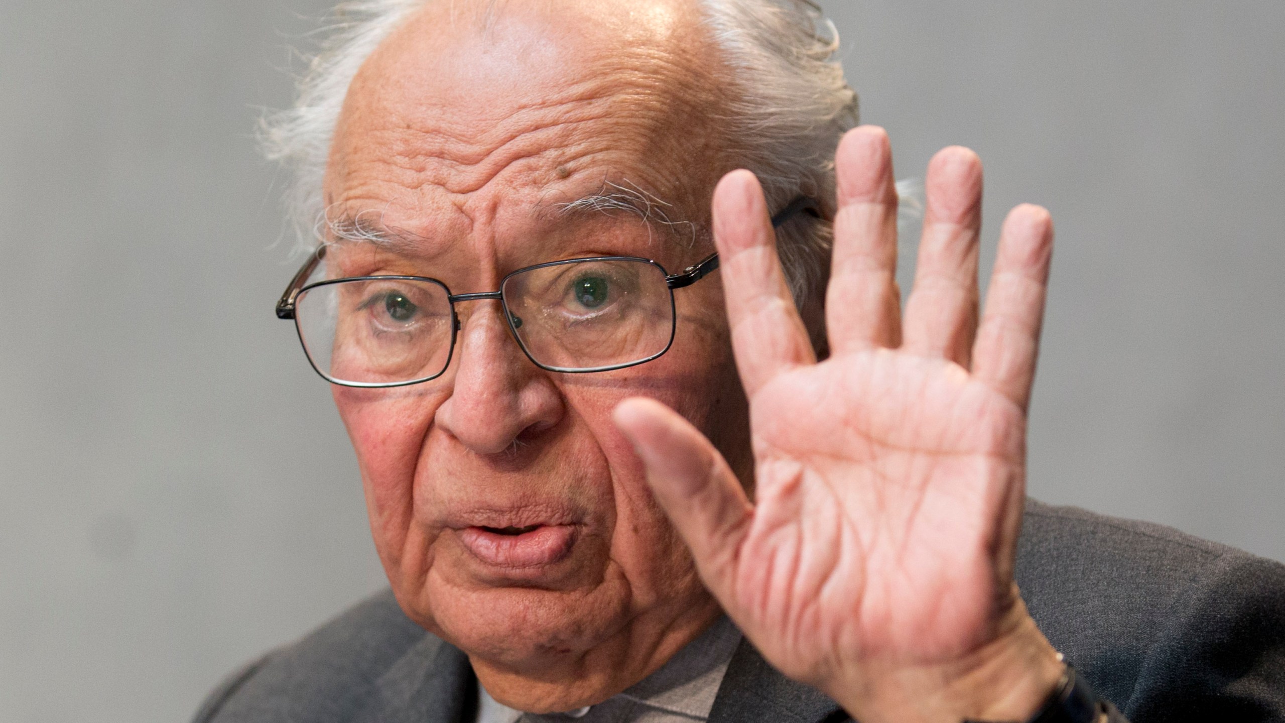 FILE - Peruvian theologian Gustavo Gutierrez speaks during a press conference at the Vatican, Tuesday, May 12, 2015. (AP Photo/Alessandra Tarantino, File)