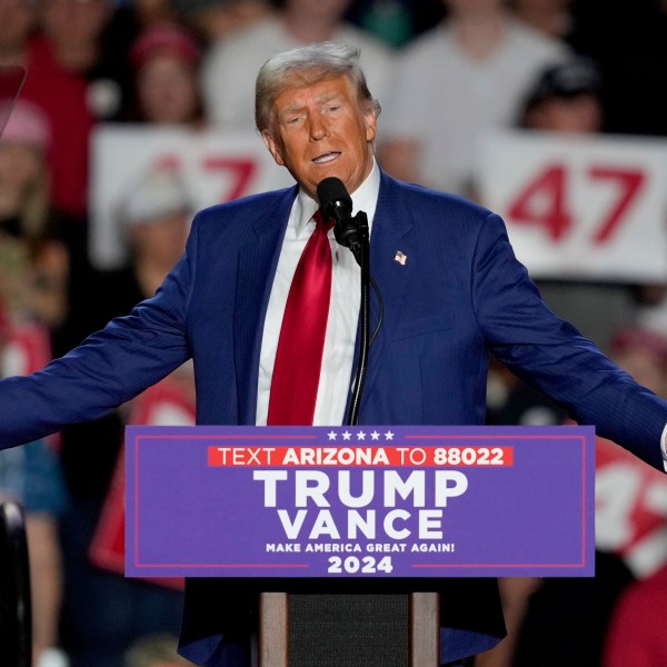 Republican presidential nominee former President Donald Trump speaks at a campaign event at Mullett Arena, Thursday, Oct. 24, 2024, in Tempe, Ariz. (AP Photo/Matt York)