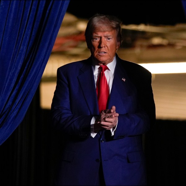 Republican presidential nominee former President Donald Trump arrives at a campaign rally at Mullett Arena, Thursday, Oct. 24, 2024, in Tempe, Ariz. (AP Photo/Alex Brandon)