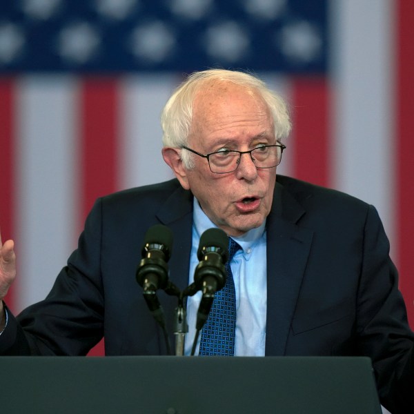 CORRECTS SANDERS' PARTY AND STATE - Sen. Bernie Sanders, I-Vt., speaks before President Joe Biden arrives to deliver remarks on lowering the cost of prescription drugs, at NHTI Concord Community College, Tuesday, Oct. 22, 2024, in Concord, N.H. (AP Photo/Steven Senne)