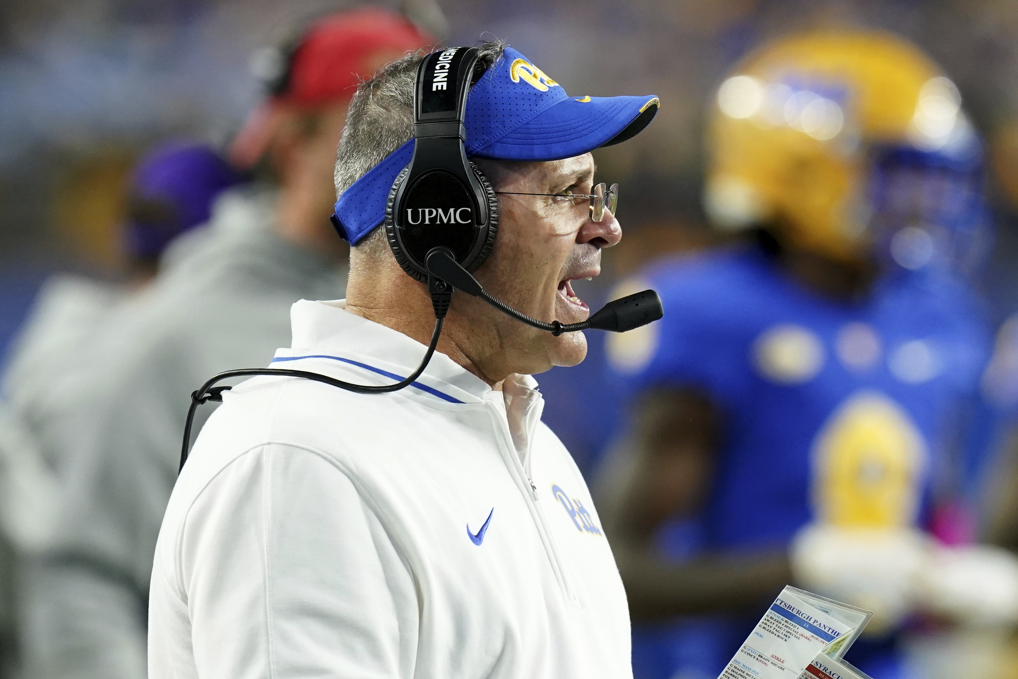 Pittsburgh head coach Pat Narduzzi calls out to his team during the first half of an NCAA college football game against Syracuse, Thursday, Oct. 24, 2024, in Pittsburgh. (AP Photo/Matt Freed)