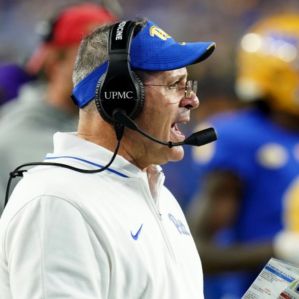 Pittsburgh head coach Pat Narduzzi calls out to his team during the first half of an NCAA college football game against Syracuse, Thursday, Oct. 24, 2024, in Pittsburgh. (AP Photo/Matt Freed)