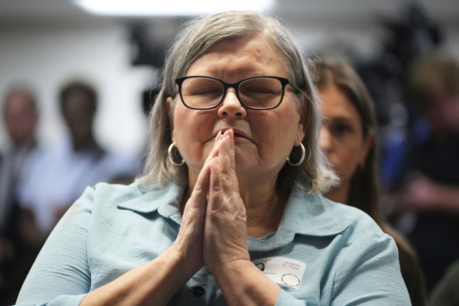 Diane Hernandez niece of Kitty Menendez sits prior to a news conference being held by Los Angeles County District Attorney George Gascon at the Hall of Justice on Thursday, Oct. 24, 2024, in Los Angeles. (AP Photo/Eric Thayer)