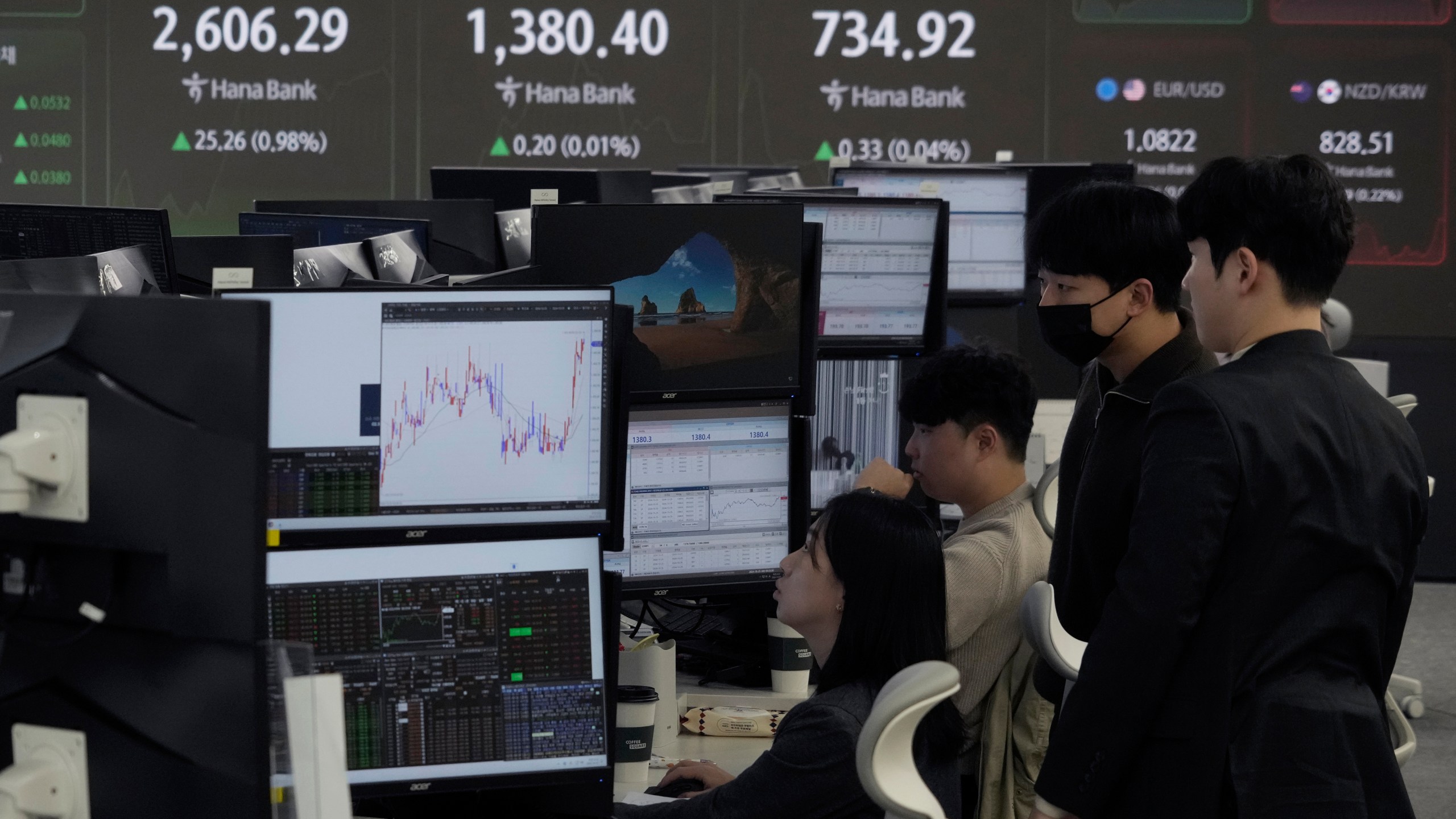 Currency traders watch monitors at the foreign exchange dealing room of the KEB Hana Bank headquarters in Seoul, South Korea, Friday, Oct. 25, 2024. (AP Photo/Ahn Young-joon)