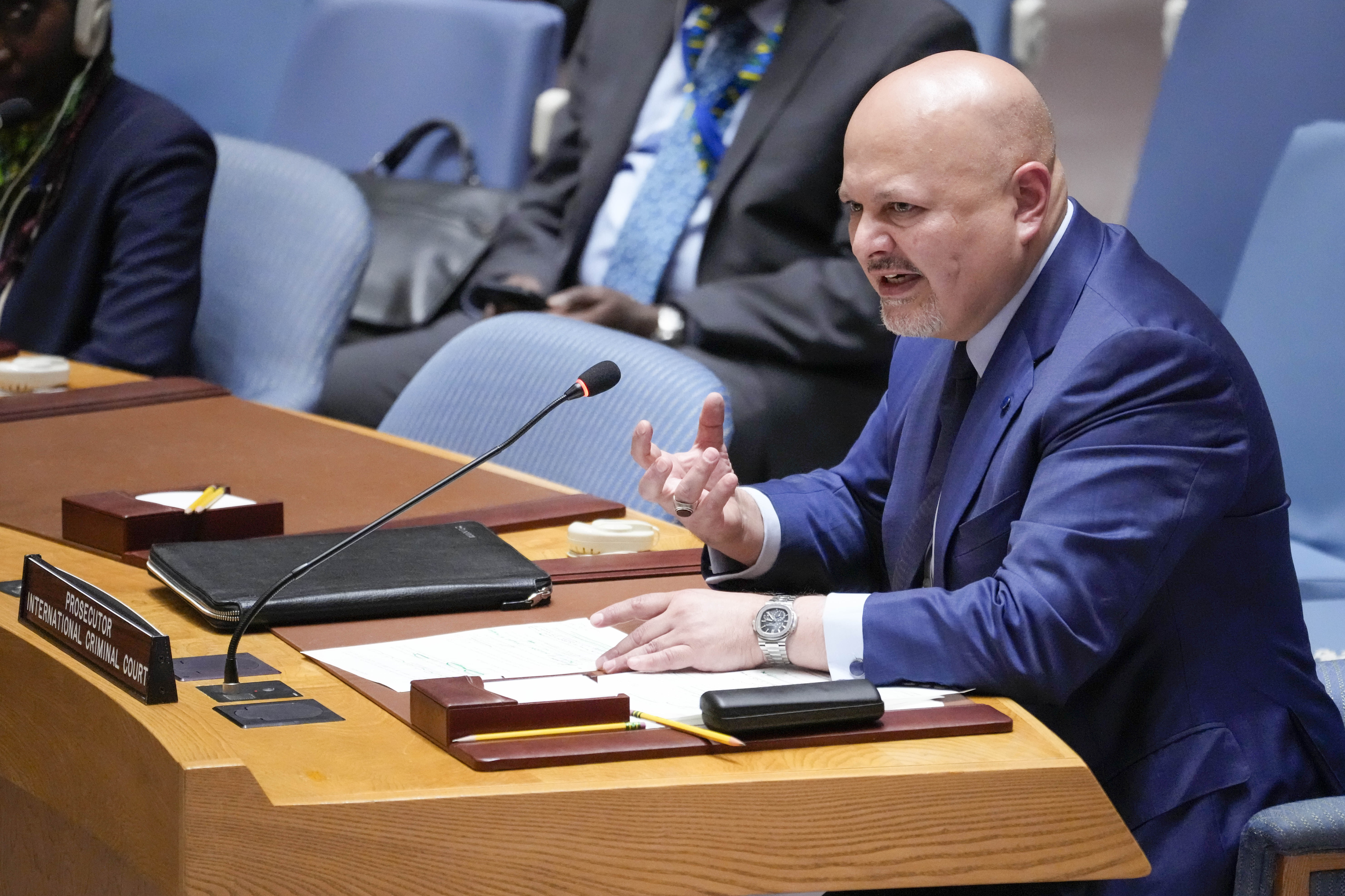 FILE - Karim Khan, prosecutor of International Criminal Court, addresses a Security Council meeting on the situation in Sudan, Thursday, July 13, 2023 at United Nations headquarters. (AP Photo/Mary Altaffer, File)