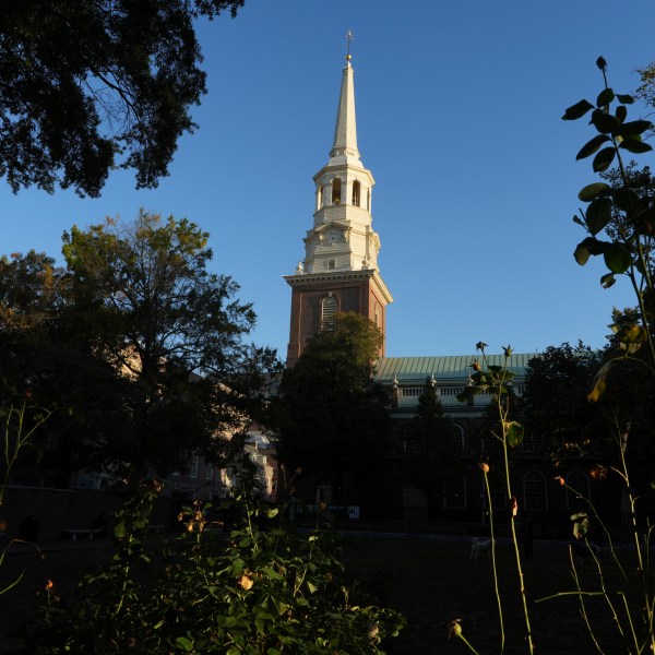 The Christ Church steeple, financed and built through a lottery spearheaded by Benjamin Franklin, rises into the sky in Philadelphia on Sunday, Oct. 6, 2024. (AP Photo/Luis Andres Henao)