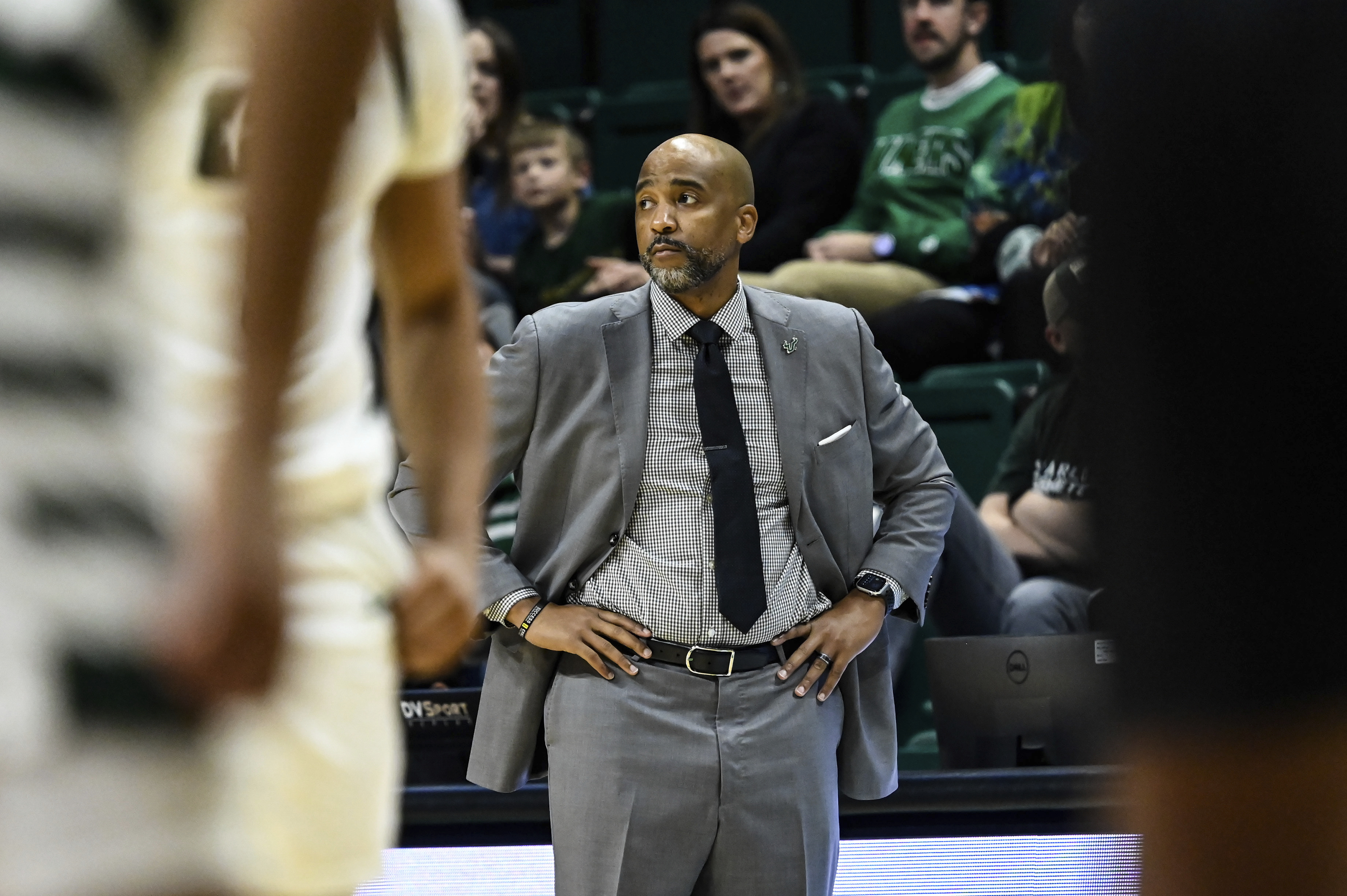 FILE - South Florida head coach Amir Abdur-Rahim looks on during the first half of an NCAA college basketball game against Charlotte, March 2, 2024, in Charlotte, N.C. (AP Photo/Matt Kelley, File)