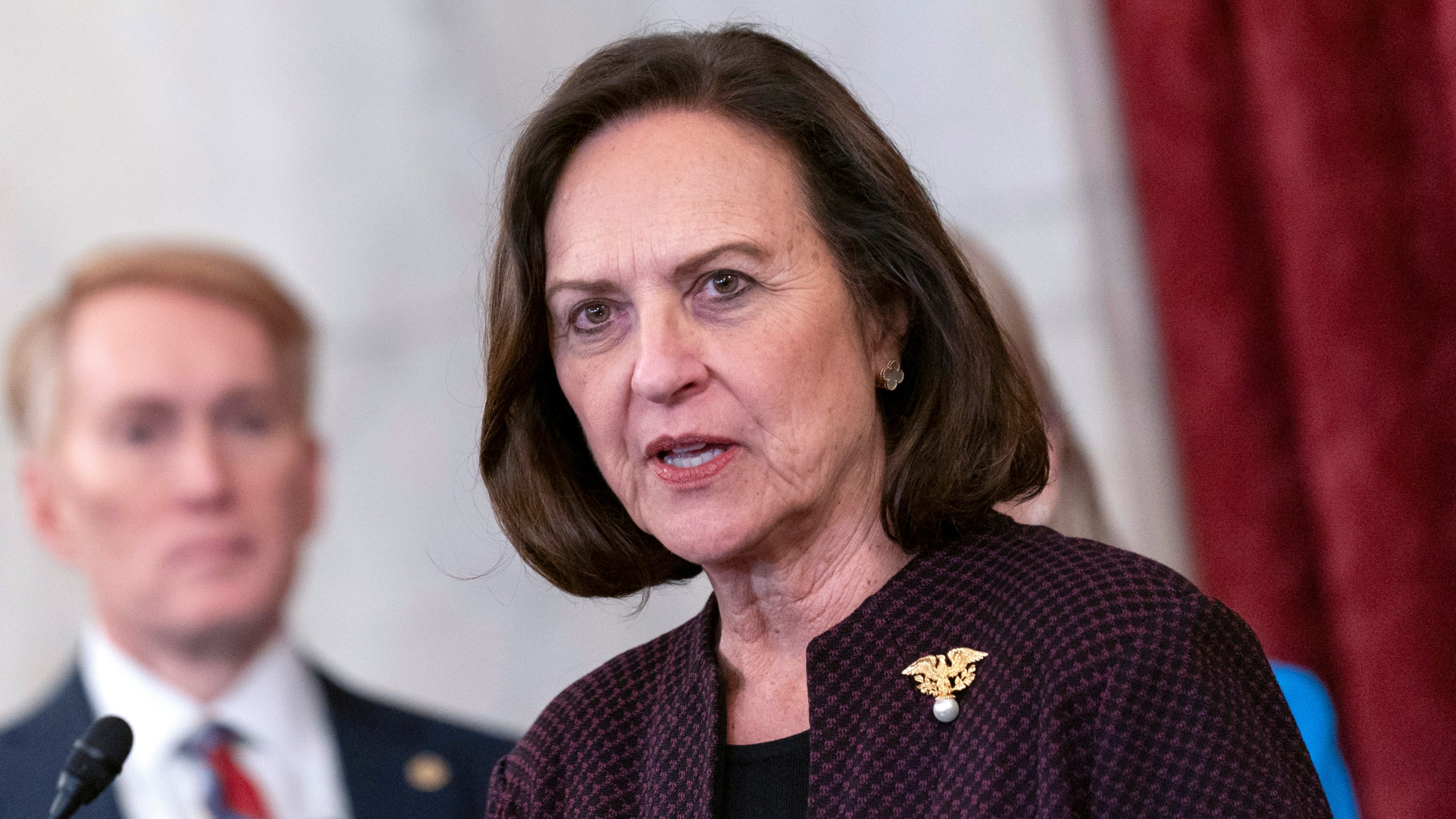 FILE - Sen. Deb Fischer, R-Neb., speaks to media, Oct. 18, 2023, on Capitol Hill in Washington. (AP Photo/Stephanie Scarbrough, File)