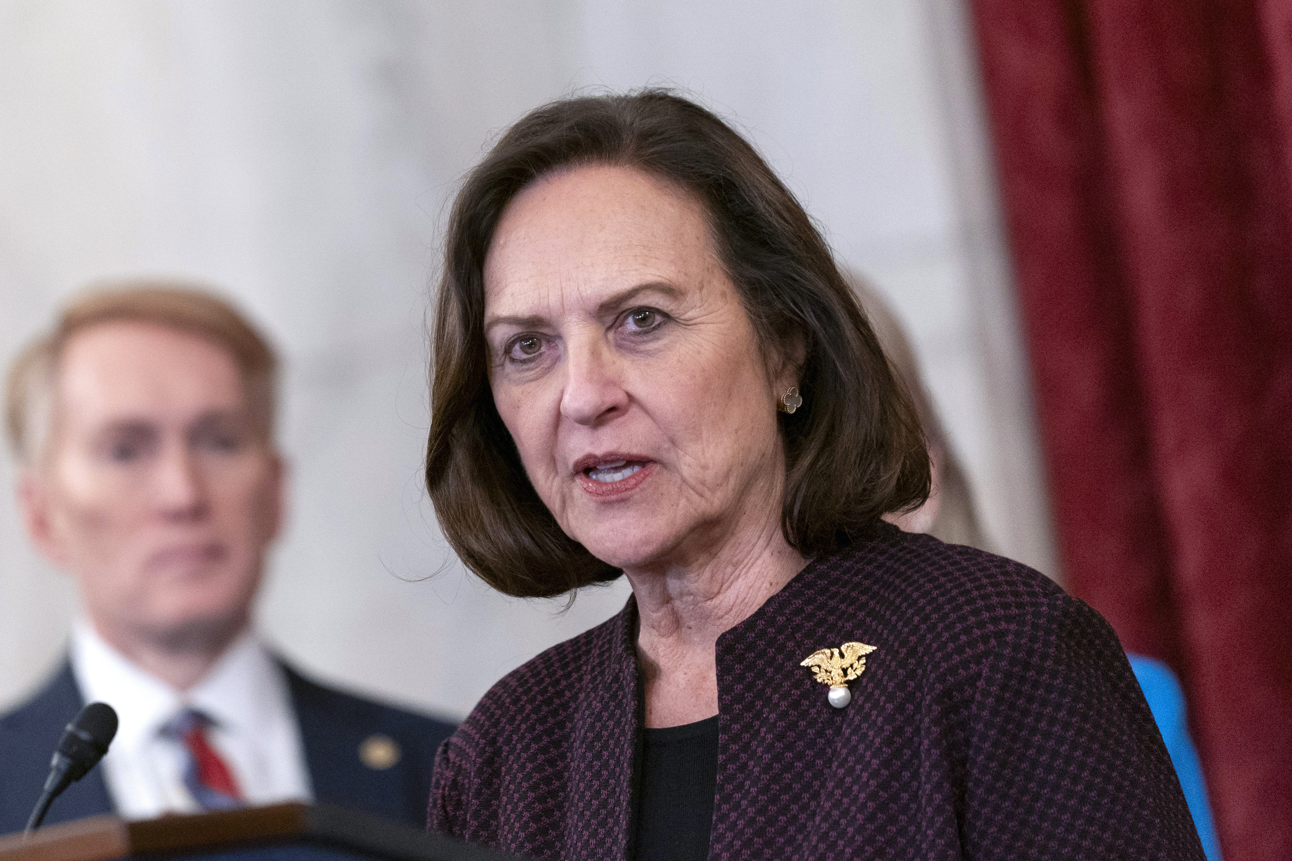 FILE - Sen. Deb Fischer, R-Neb., speaks to media, Oct. 18, 2023, on Capitol Hill in Washington. (AP Photo/Stephanie Scarbrough, File)