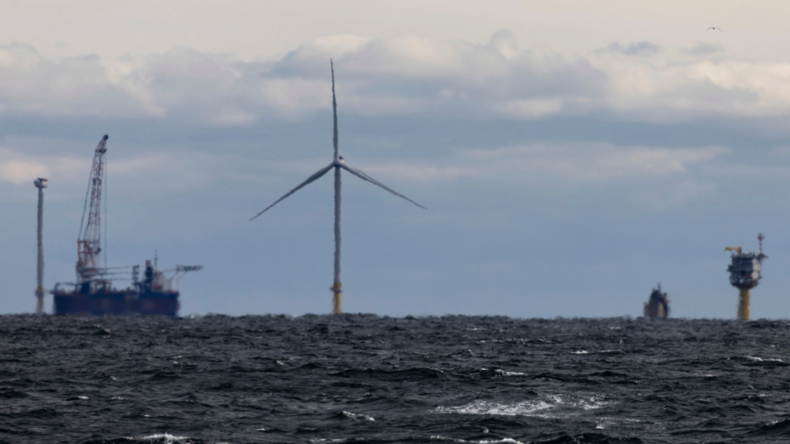 FILE - The first operating South Fork Wind farm turbine is seen 35 miles east of Montauk Point, N.Y., on Dec. 7, 2023. (AP Photo/Julia Nikhinson, File)