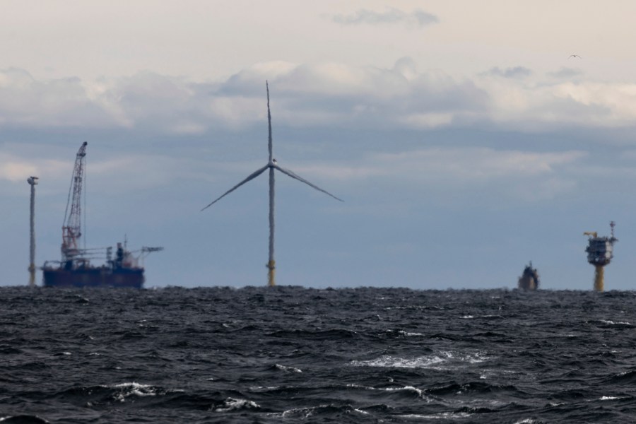 FILE - The first operating South Fork Wind farm turbine is seen 35 miles east of Montauk Point, N.Y., on Dec. 7, 2023. (AP Photo/Julia Nikhinson, File)