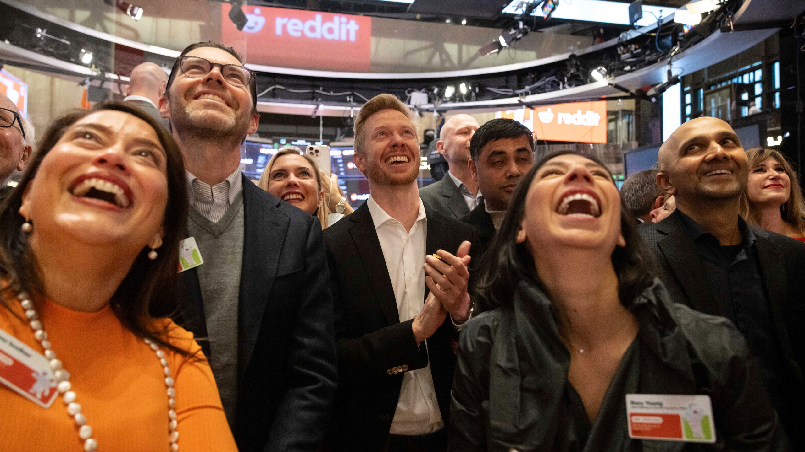 FILE - Reddit CEO Steve Huffman and company employees celebrate on the New York Stock Exchange trading floor, prior to his company's IPO, March. 21, 2024. (AP Photo/Yuki Iwamura, File)