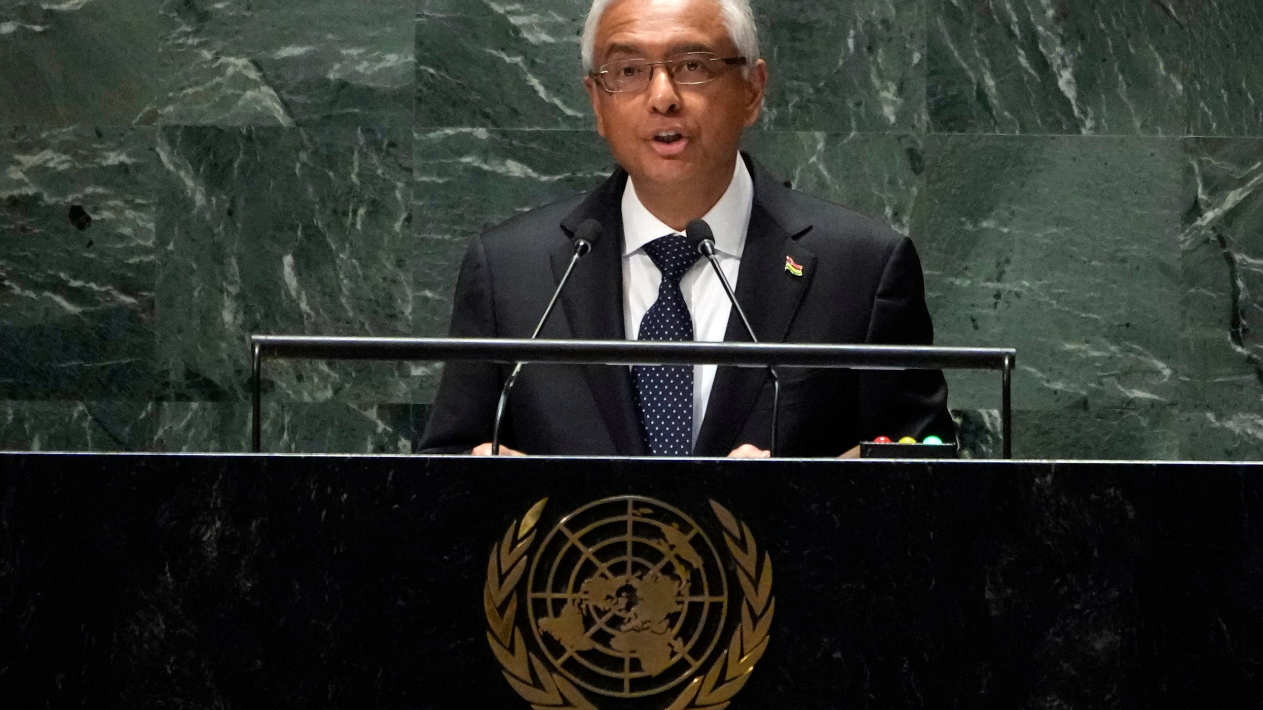 FILE—Mauritius Prime Minister Pravind Kumar Jugnauth addresses the 78th session of the United Nations General Assembly, Friday, Sept. 22, 2023. (AP Photo/Richard Drew, file)