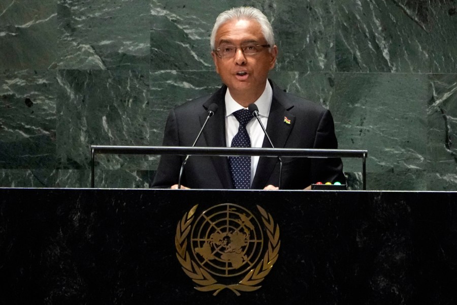 FILE—Mauritius Prime Minister Pravind Kumar Jugnauth addresses the 78th session of the United Nations General Assembly, Friday, Sept. 22, 2023. (AP Photo/Richard Drew, file)