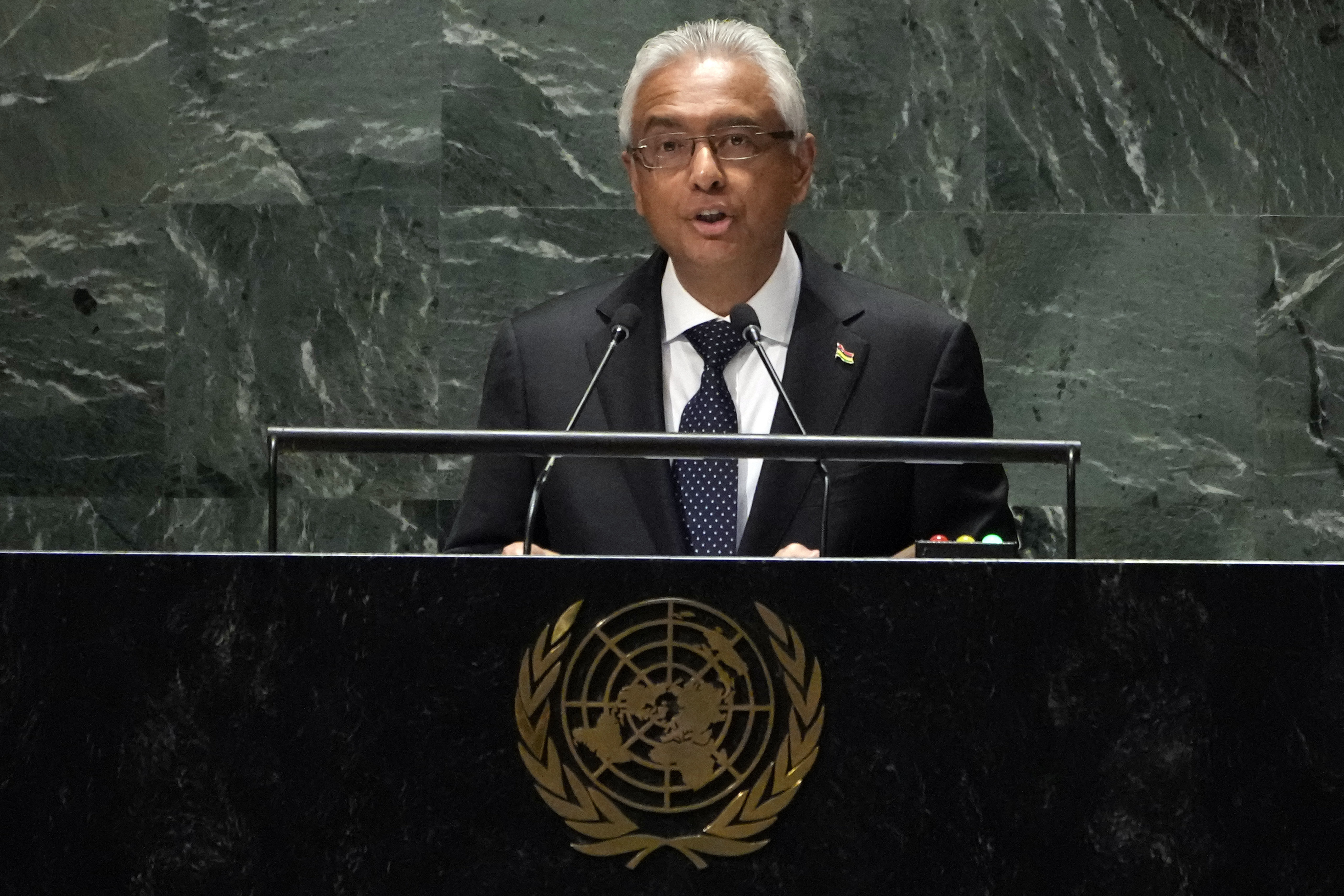 FILE—Mauritius Prime Minister Pravind Kumar Jugnauth addresses the 78th session of the United Nations General Assembly, Friday, Sept. 22, 2023. (AP Photo/Richard Drew, file)