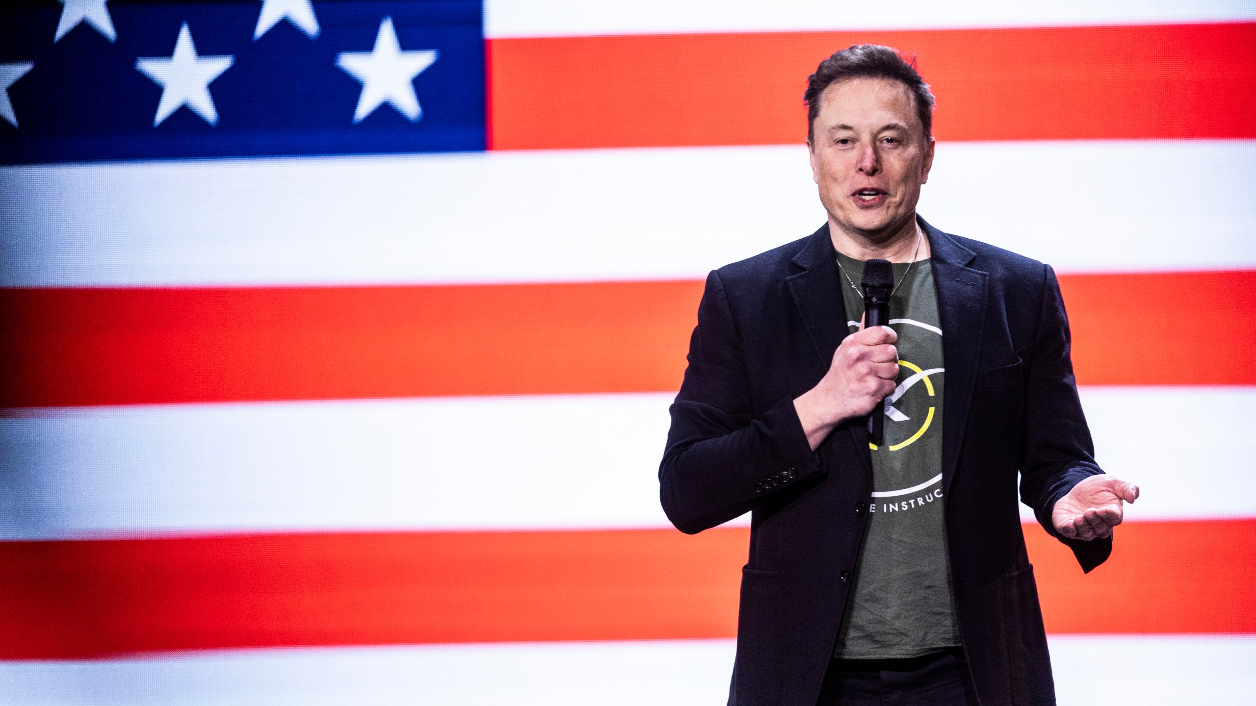 Elon Musk speaks at Life Center Church in Harrisburg, Pa., Saturday, Oct. 19, 2024. (Sean Simmers/The Patriot-News via AP)