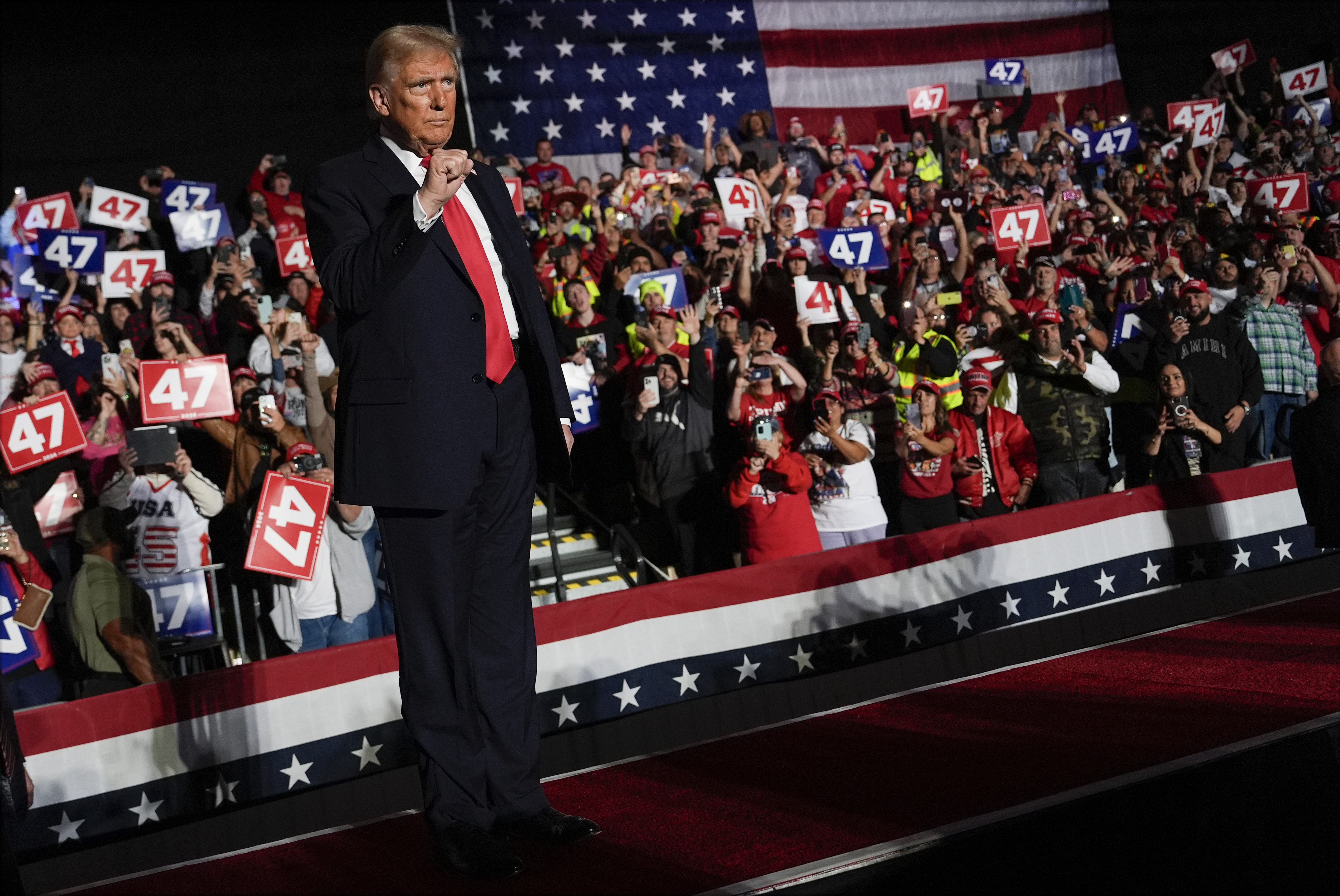 Republican presidential nominee former President Donald Trump arrives at a campaign rally at Macomb Community College, Friday, Nov. 1, 2024, in Warren, Mich. (AP Photo/Julia Demaree Nikhinson)