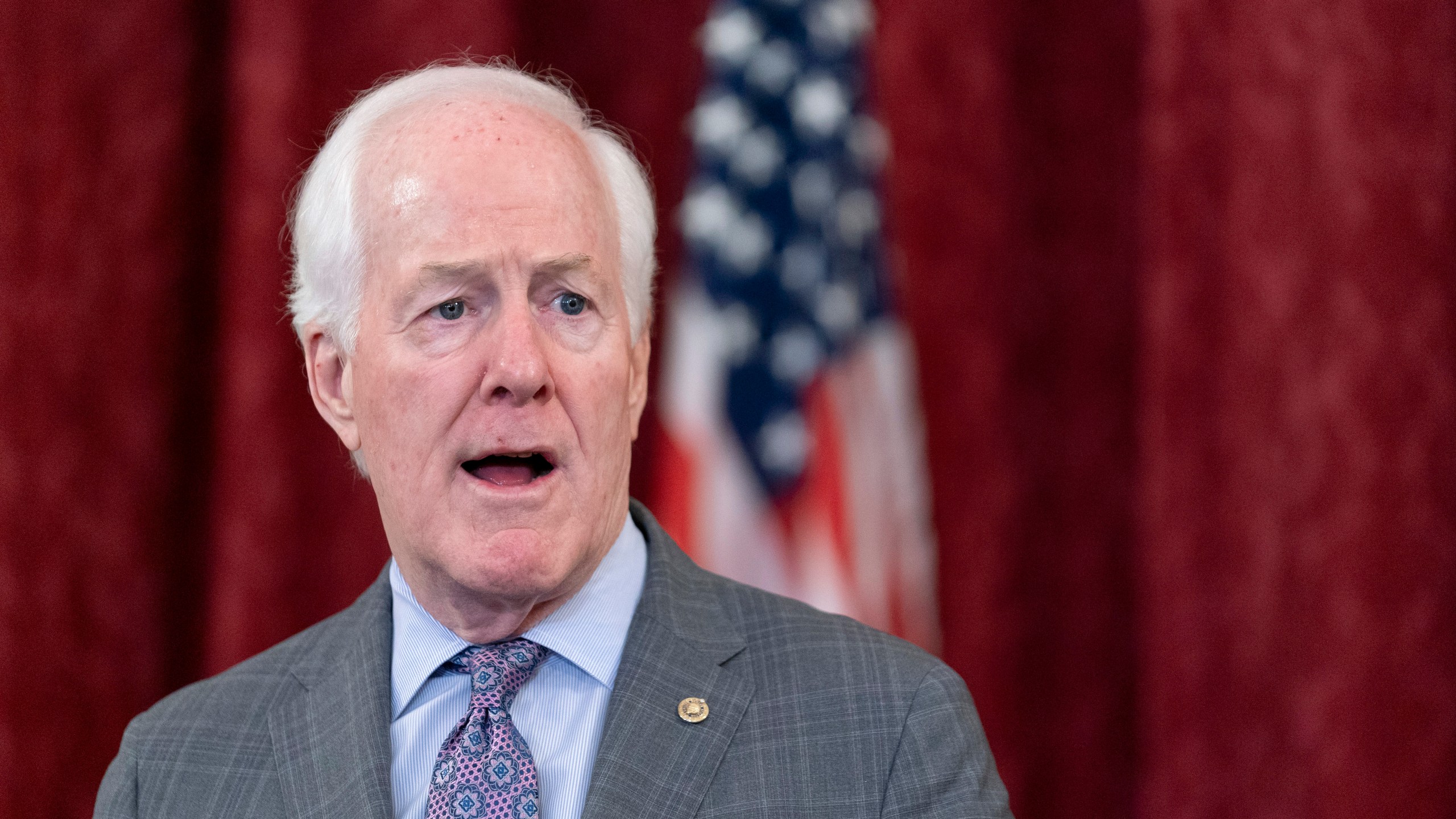 FILE - Sen. John Cornyn, R-Texas, speaks to media, Oct. 18, 2023, on Capitol Hill in Washington. (AP Photo/Stephanie Scarbrough, File)