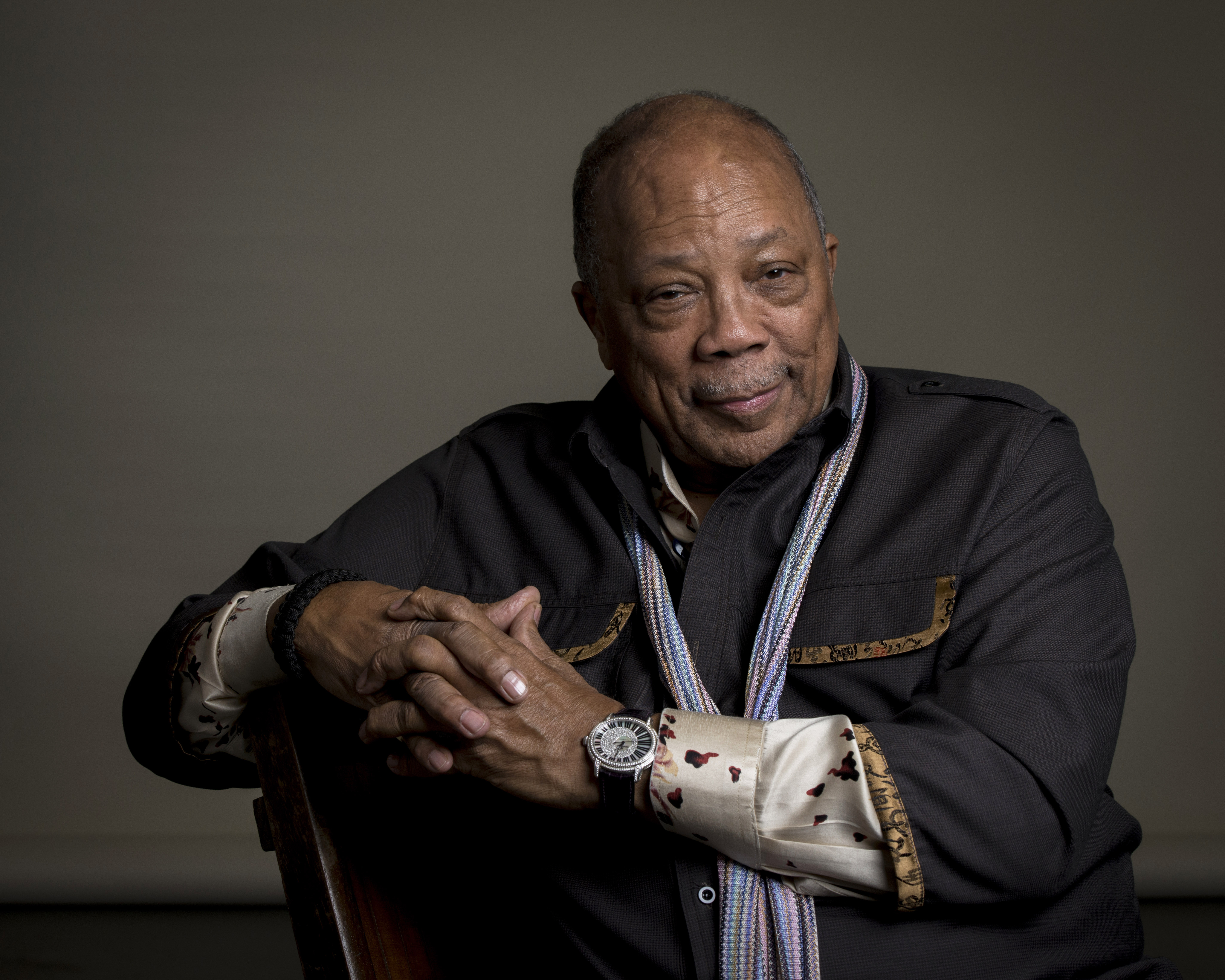 FILE - In this Sept. 23, 2014 file photo, Producer Quincy Jones, of the documentary film "Keep On Keepin' On," poses for a portrait, in New York, Sept. 23, 2014. (Photo by Drew Gurian/Invision/AP, File)