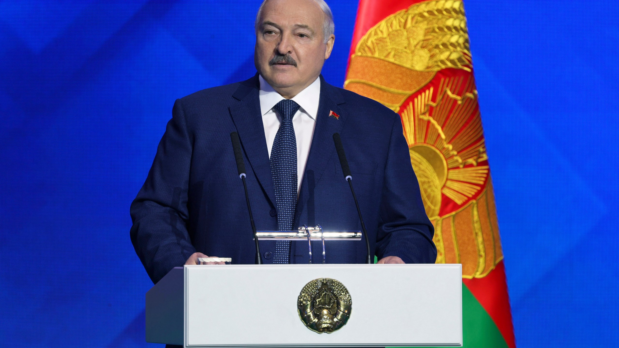 In this photo released by Belarusian Presidential Press Service on Thursday, Oct. 31, 2024, Belarusian President Alexander Lukashenko speaks during Minsk International Conference on Eurasian Security in Minsk, Belarus. (Belarusian Presidential Press Service via AP)