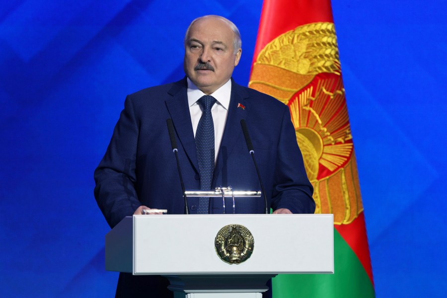 In this photo released by Belarusian Presidential Press Service on Thursday, Oct. 31, 2024, Belarusian President Alexander Lukashenko speaks during Minsk International Conference on Eurasian Security in Minsk, Belarus. (Belarusian Presidential Press Service via AP)