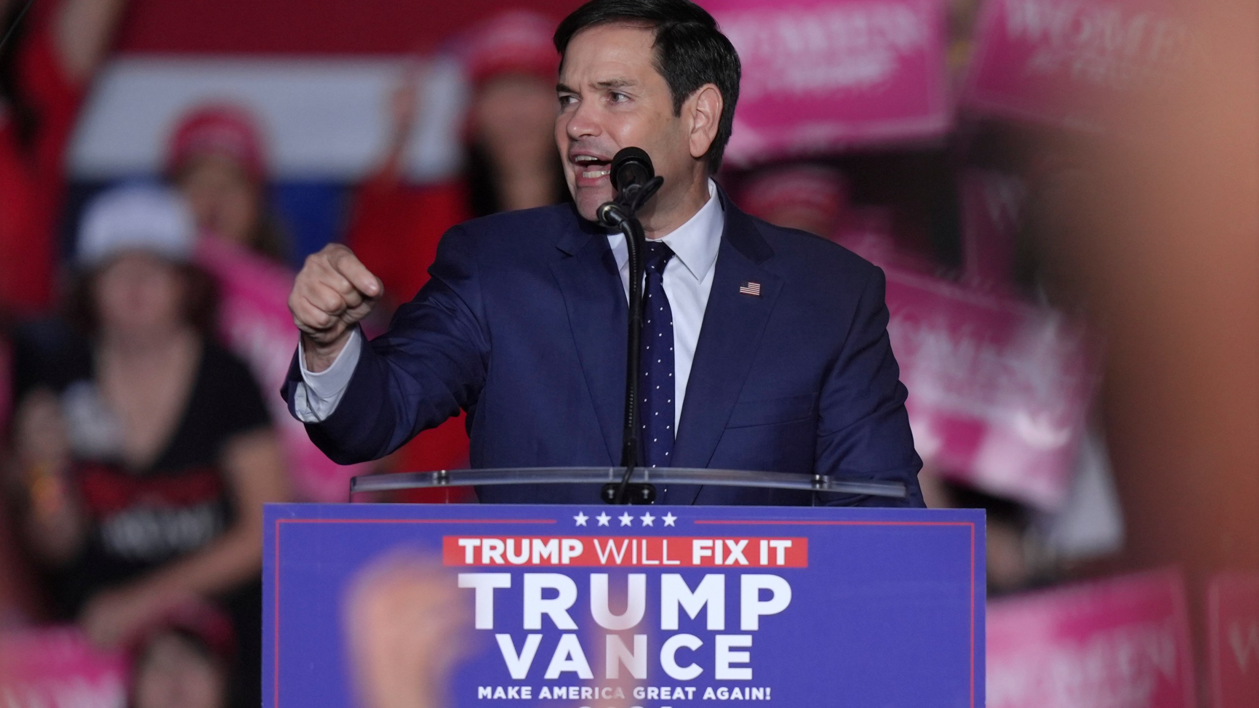 Sen. Marco Rubio, R-Fla., speaks before Republican presidential candidate former President Donald Trump at a campaign rally, Monday, Nov. 4, 2024, in Reading, Pa. (AP Photo/Chris Szagola)