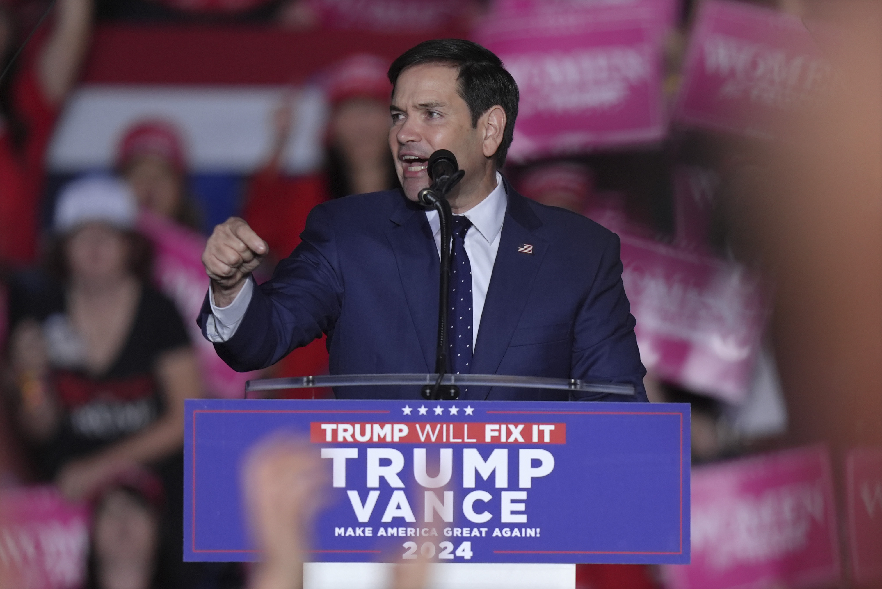 Sen. Marco Rubio, R-Fla., speaks before Republican presidential candidate former President Donald Trump at a campaign rally, Monday, Nov. 4, 2024, in Reading, Pa. (AP Photo/Chris Szagola)