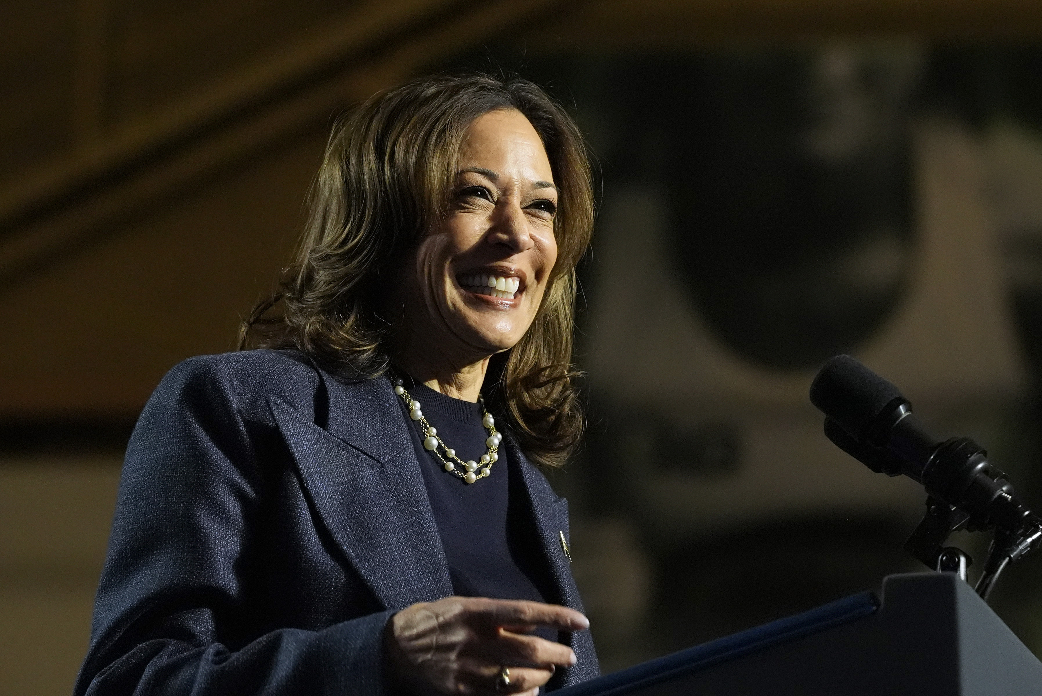 Democratic presidential nominee Vice President Kamala Harris speaks during a campaign rally at Jenison Field House on the campus of Michigan State University, Sunday, Nov. 3, 2024, in East Lansing, Mich. (AP Photo/Jacquelyn Martin)