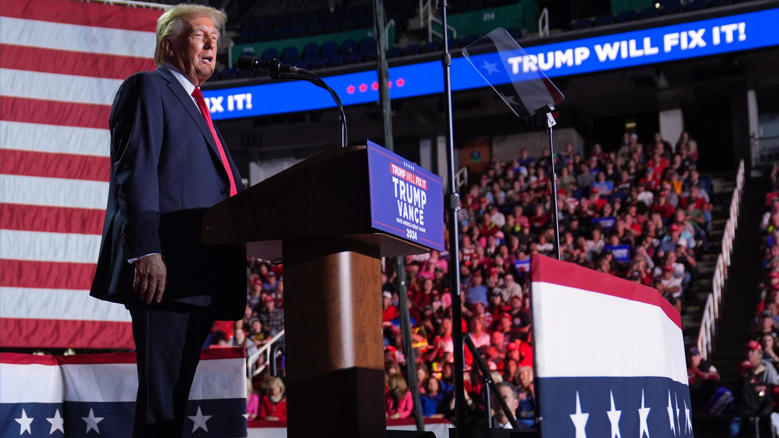 Republican presidential nominee former President Donald Trump speaks at a campaign rally at First Horizon Coliseum, Saturday, Nov. 2, 2024, in Greensboro, N.C. (AP Photo/Evan Vucci)