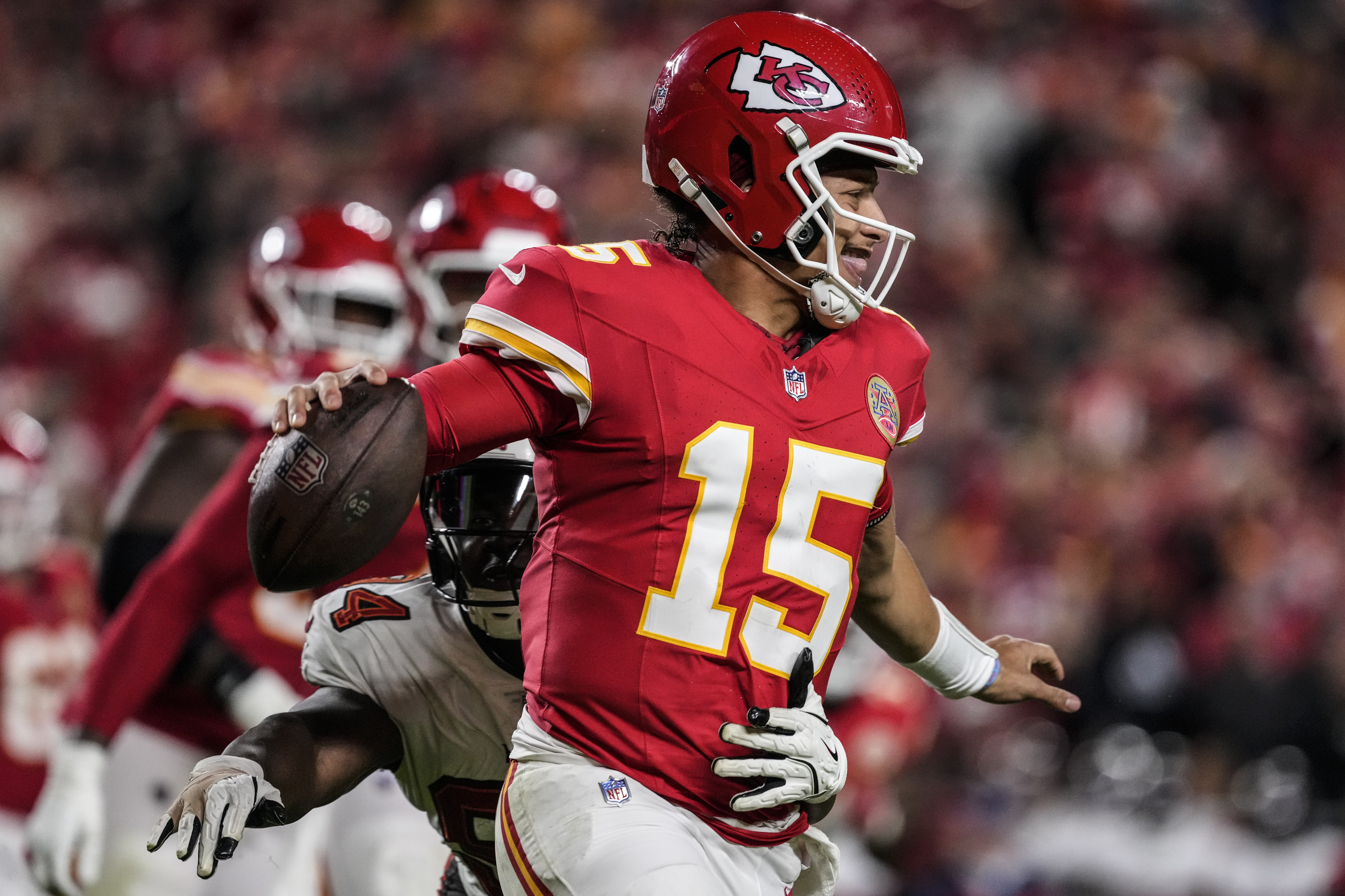 Tampa Bay Buccaneers defensive tackle Calijah Kancey (94) sacks Kansas City Chiefs quarterback Patrick Mahomes (15) during the second half of an NFL football game, Monday, Nov. 4, 2024, in Kansas City, Mo. (AP Photo/Ed Zurga)