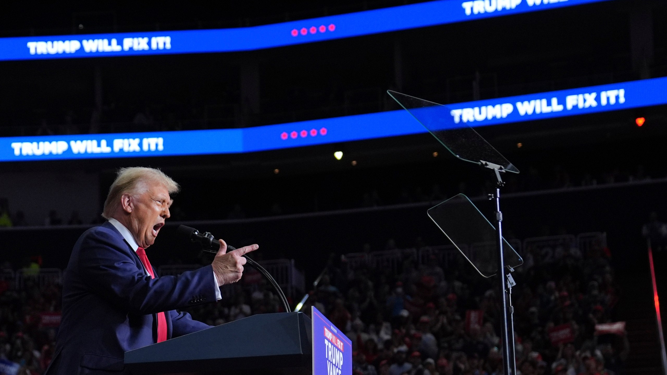 Republican presidential nominee former President Donald Trump speaks at a campaign rally at PPG Paints Arena, Monday, Nov. 4, 2024, in Pittsburgh, Pa. (AP Photo/Evan Vucci)