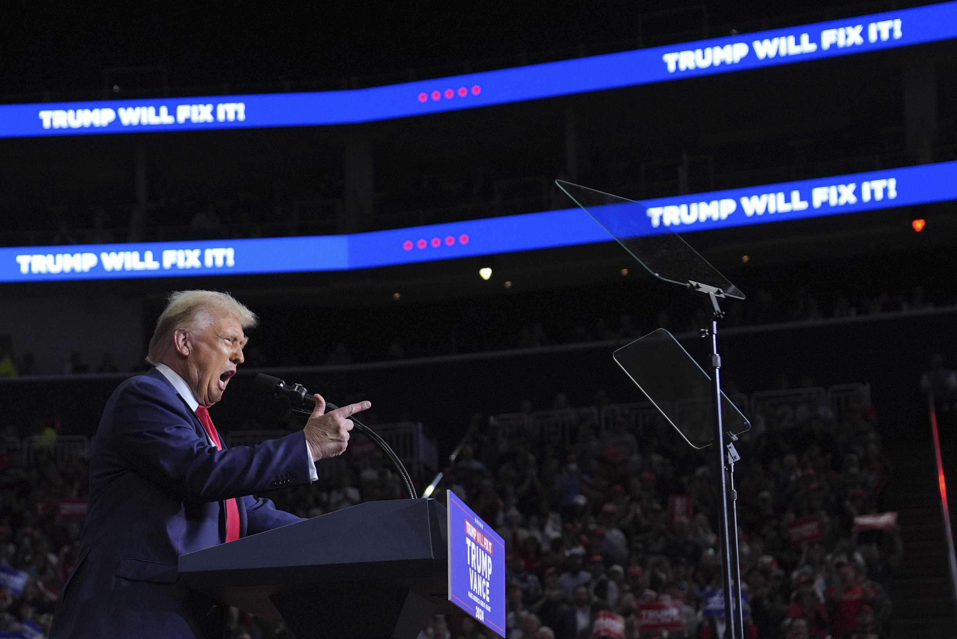 Republican presidential nominee former President Donald Trump speaks at a campaign rally at PPG Paints Arena, Monday, Nov. 4, 2024, in Pittsburgh, Pa. (AP Photo/Evan Vucci)