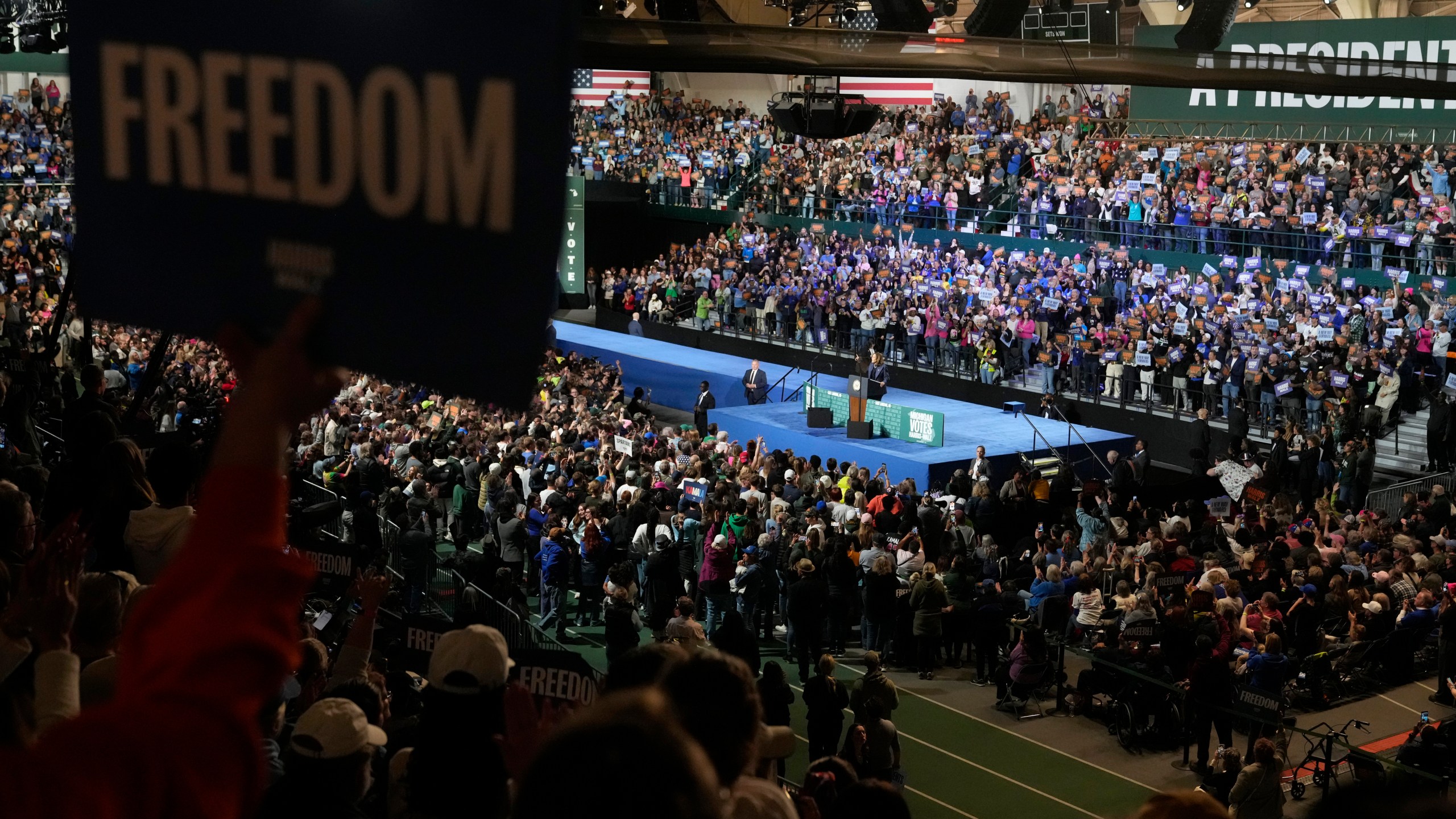 Democratic presidential nominee Vice President Kamala Harris speaks during a campaign rally at Jenison Field House on the campus of Michigan State University, Sunday, Nov. 3, 2024, in East Lansing, Mich. (AP Photo/Jacquelyn Martin)