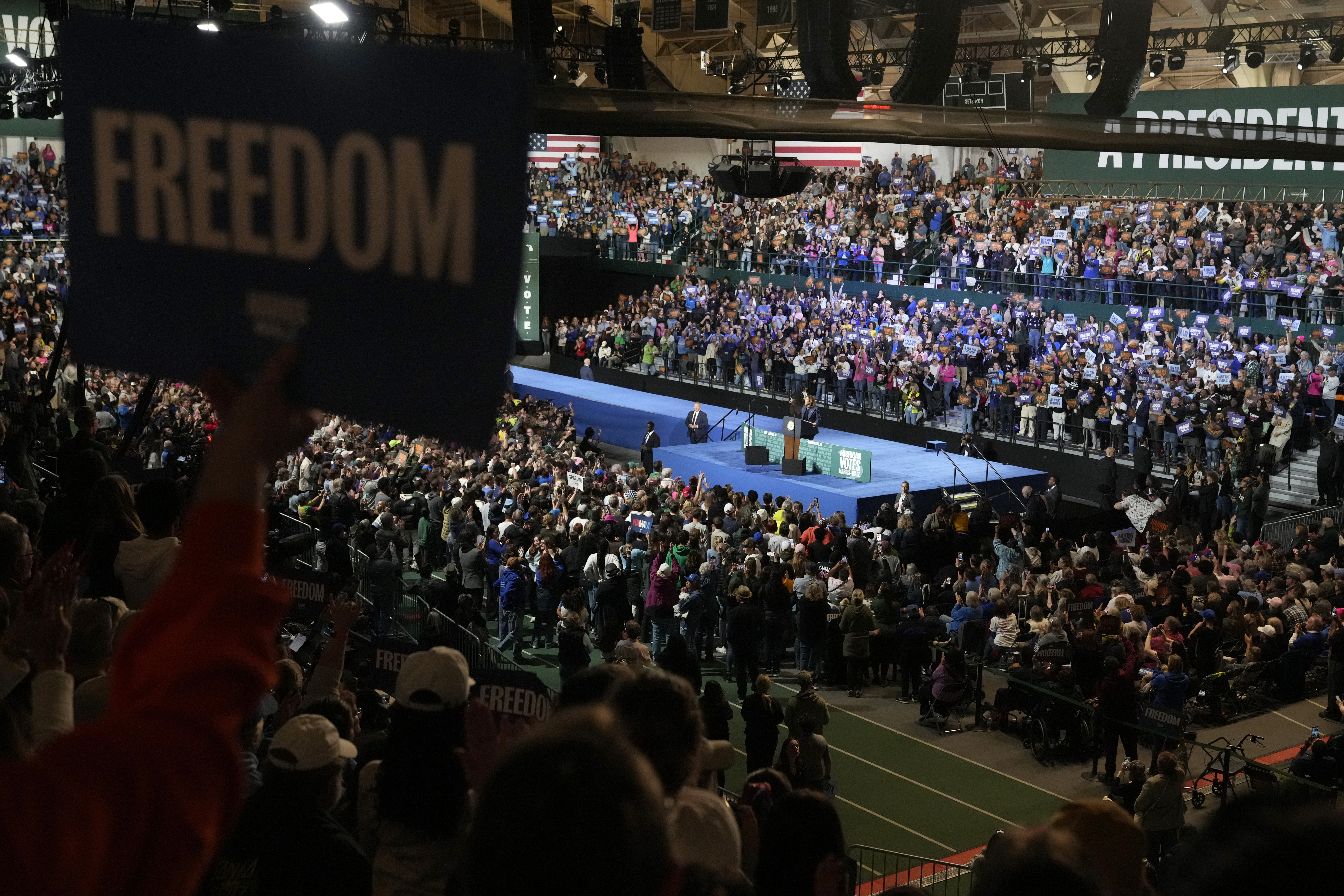 Democratic presidential nominee Vice President Kamala Harris speaks during a campaign rally at Jenison Field House on the campus of Michigan State University, Sunday, Nov. 3, 2024, in East Lansing, Mich. (AP Photo/Jacquelyn Martin)