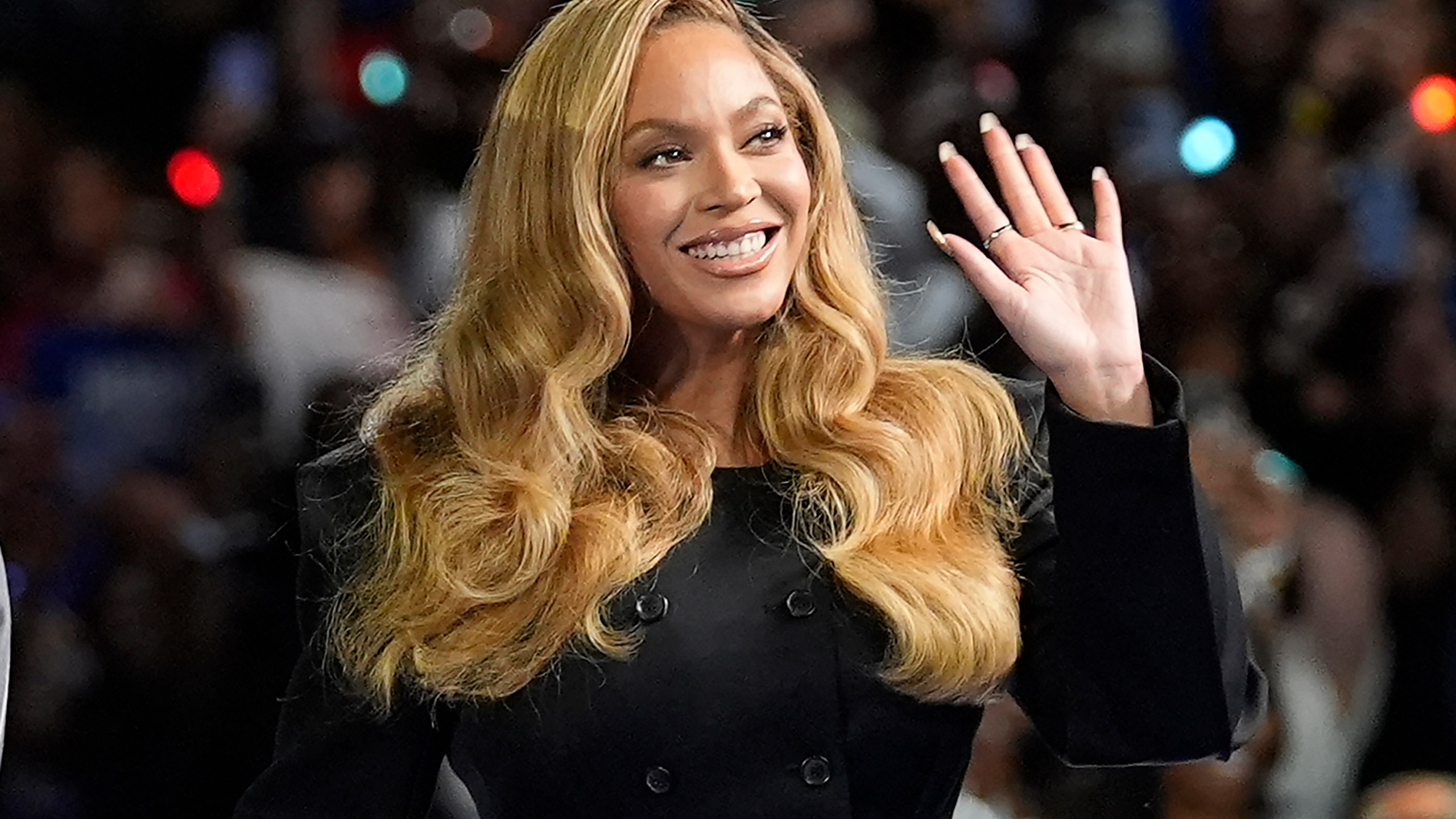 FILE - Beyonce appears at a campaign event for Democratic presidential nominee Vice President Kamala Harris in Houston, on Oct. 25, 2024. (AP Photo/Susan Walsh, File)