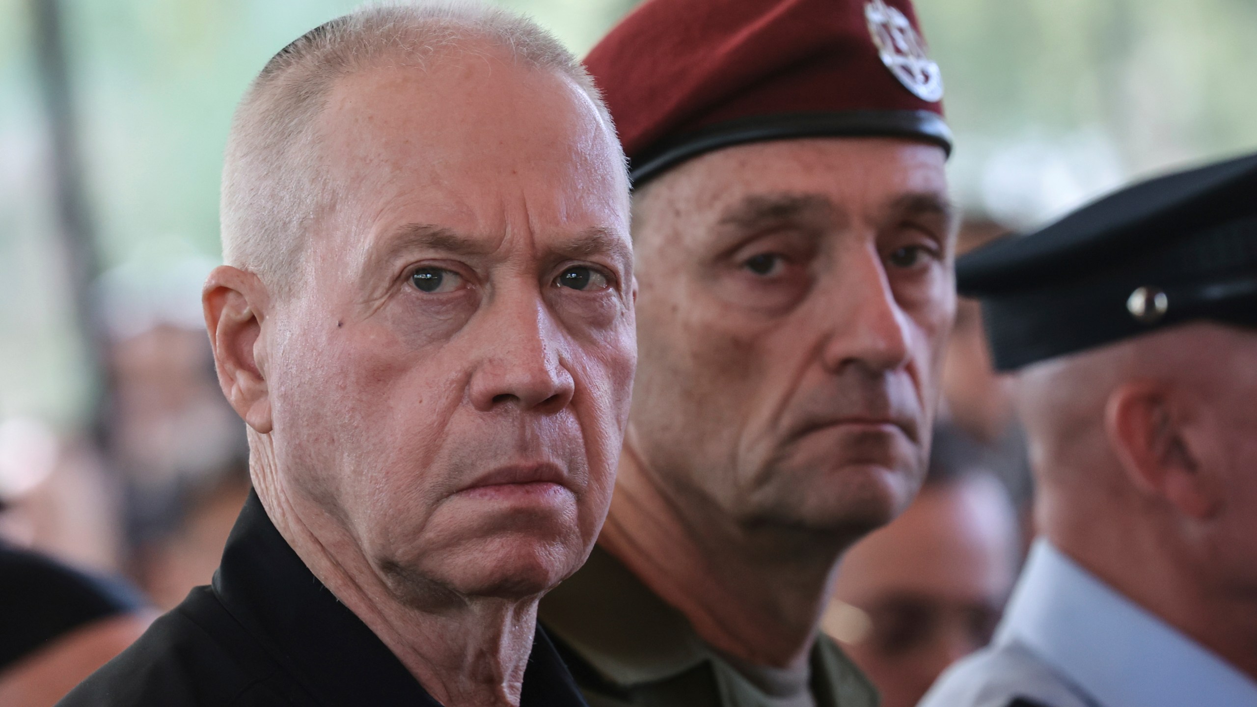 Israel's Defense Minister Yoav Gallant, left, and Chief of the General Staff Lieutenant-General Herzi Halevi, attend a ceremony marking the Hebrew calendar anniversary of the Hamas attack on October 7 last year that sparked the ongoing war in Gaza, at the Mount Herzl military cemetery in Jerusalem, Israel Sunday Oct. 27, 2024. (Gil Cohen-Magen/Pool Photo via AP)