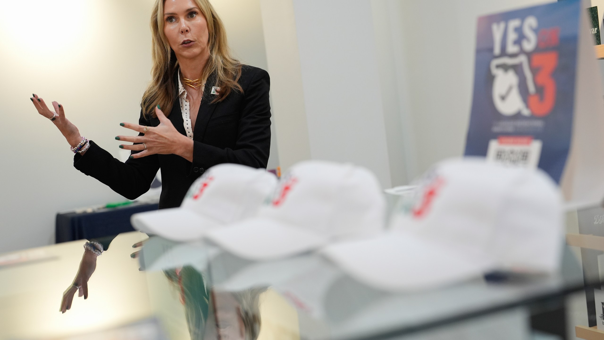 Trulieve CEO Kim Rivers speaks about the medical marijuana company's safety standards at an event in support of Amendment 3, which would legalize the recreational use of pot in Florida, Wednesday, Oct. 23, 2024, at a Trulieve medical cannabis dispensary in Hallendale Beach, Fla. (AP Photo/Rebecca Blackwell)