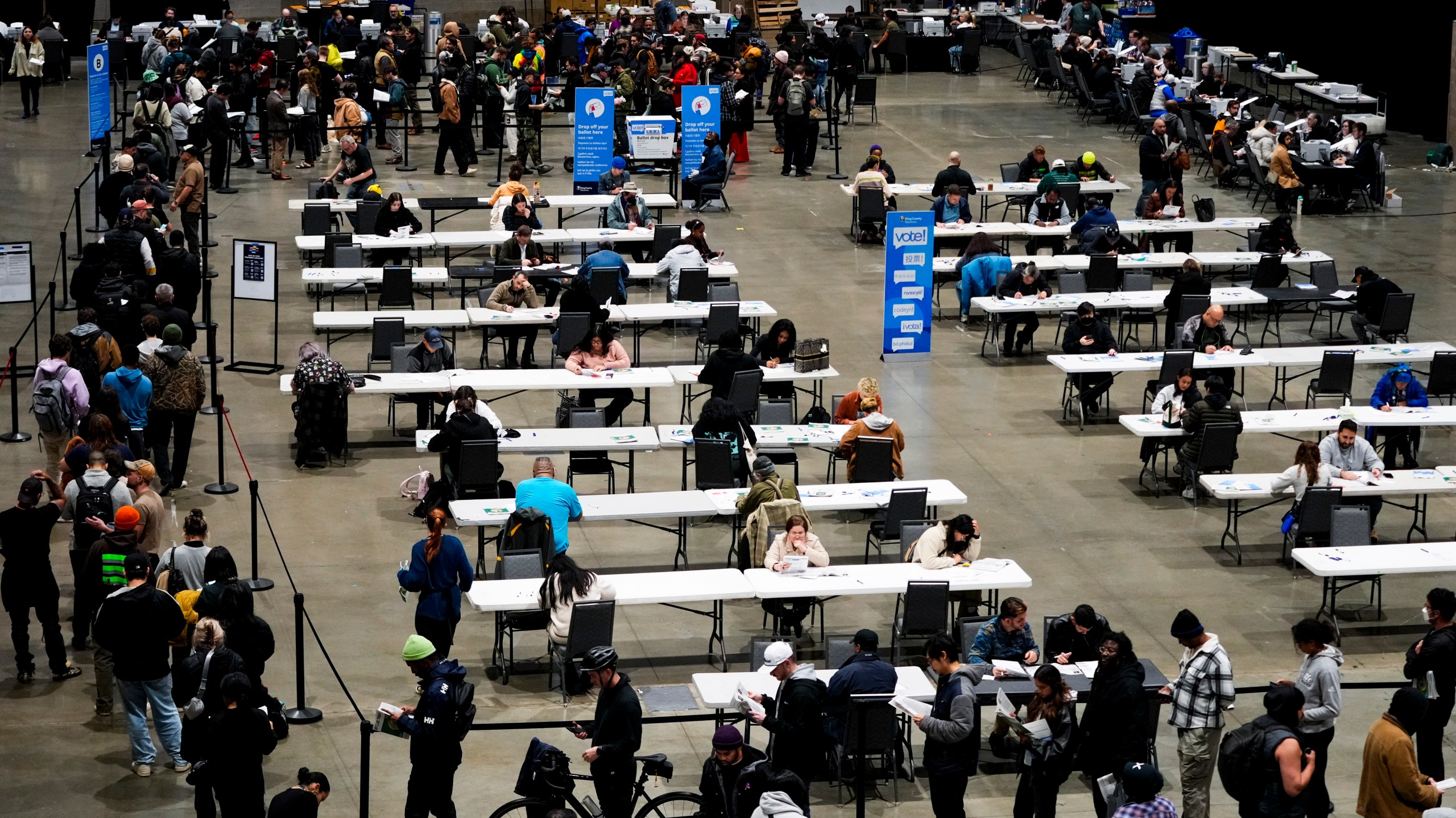 Voters wait in line and fill out their ballots at a voting center at Lumen Field Event Center on Election Day, Tuesday, Nov. 5, 2024, in Seattle. (AP Photo/Lindsey Wasson)