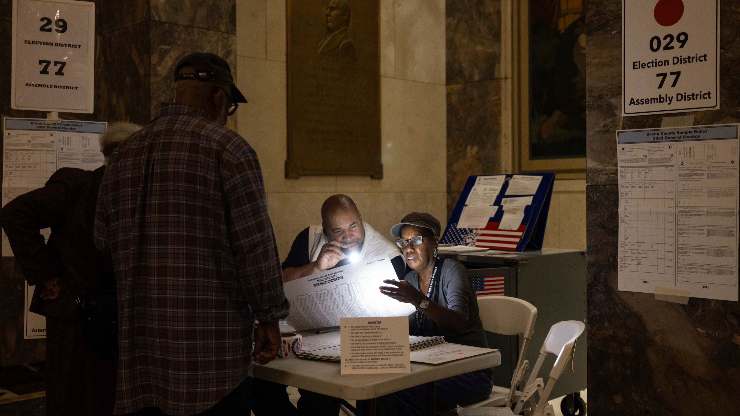 Volunteers check the ballots at the Bronx County Supreme Court in New York on Election Day, Tuesday, Nov. 5, 2024. (AP Photo/Yuki Iwamura)