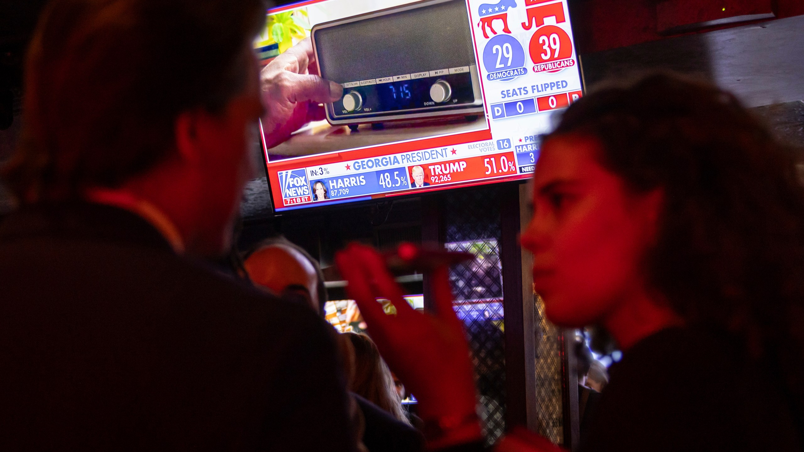 People watch screens showing poll results at a watch party hosted by the New York Young Republican Club in New York on Election Day, Tuesday, Nov. 5, 2024. (AP Photo/Yuki Iwamura)