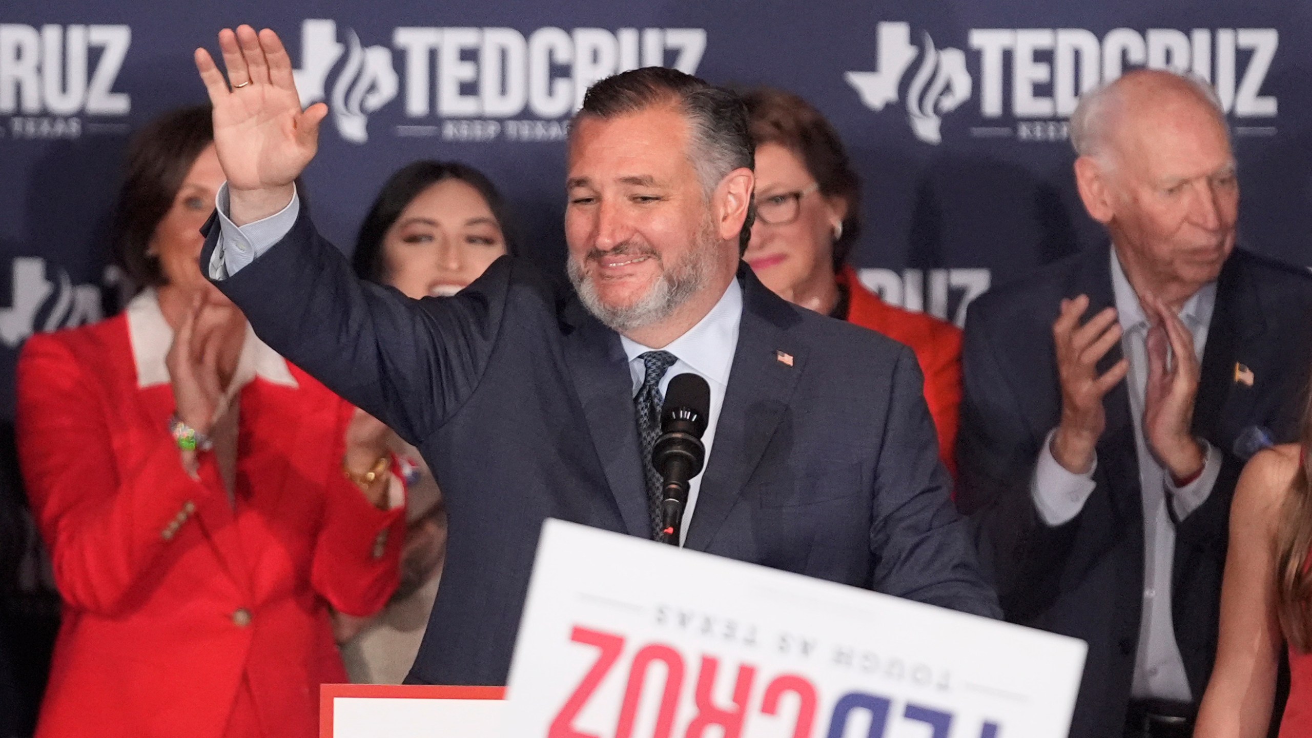 Sen. Ted Cruz, R-Texas, speaks during a watch party on election night, Tuesday, Nov. 5, 2024, at the Marriott Marquis in Houston. (AP Photo/LM Otero)